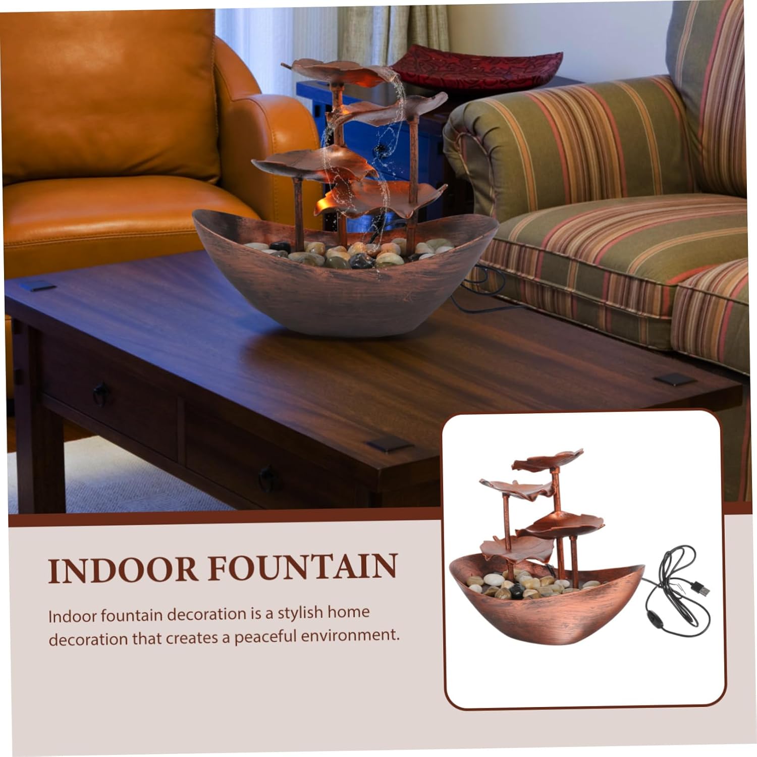 Creative Desktop Lotus Leaf Waterfall Fountain Indoor Tabletop Landscape Ornament with LED Night Light Plastic Home Decoration for Living and Office Atmosphere