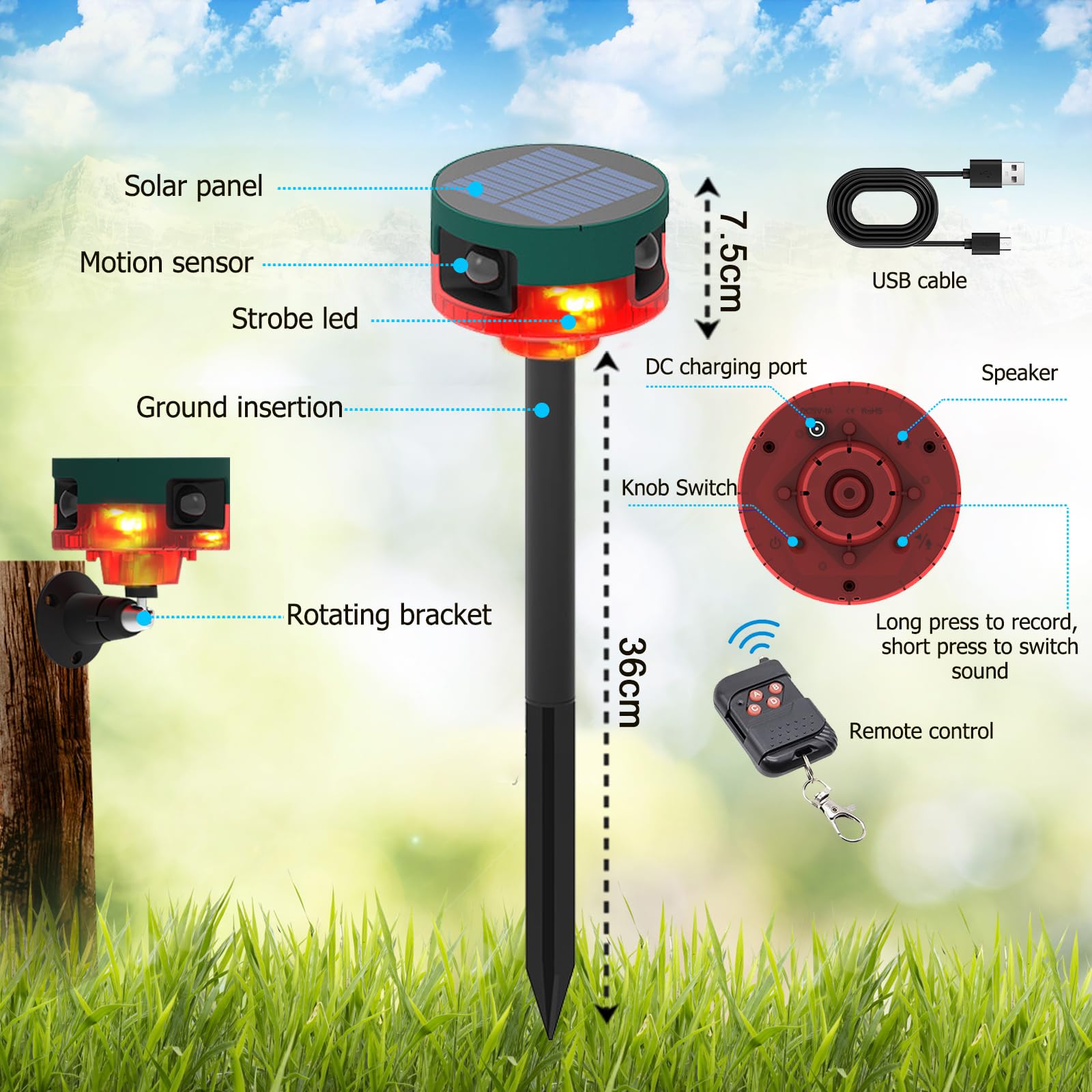 ChunHee Détecteur de mouvement solaire extérieur avec télécommande