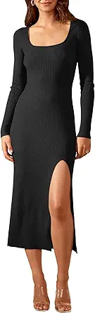 ANRABESS Women's 2023 Fall Long Sleeve Sweater Dress Square Neck Side Slit Bodycon Ribbed Knit Slim Fit Midi Dress