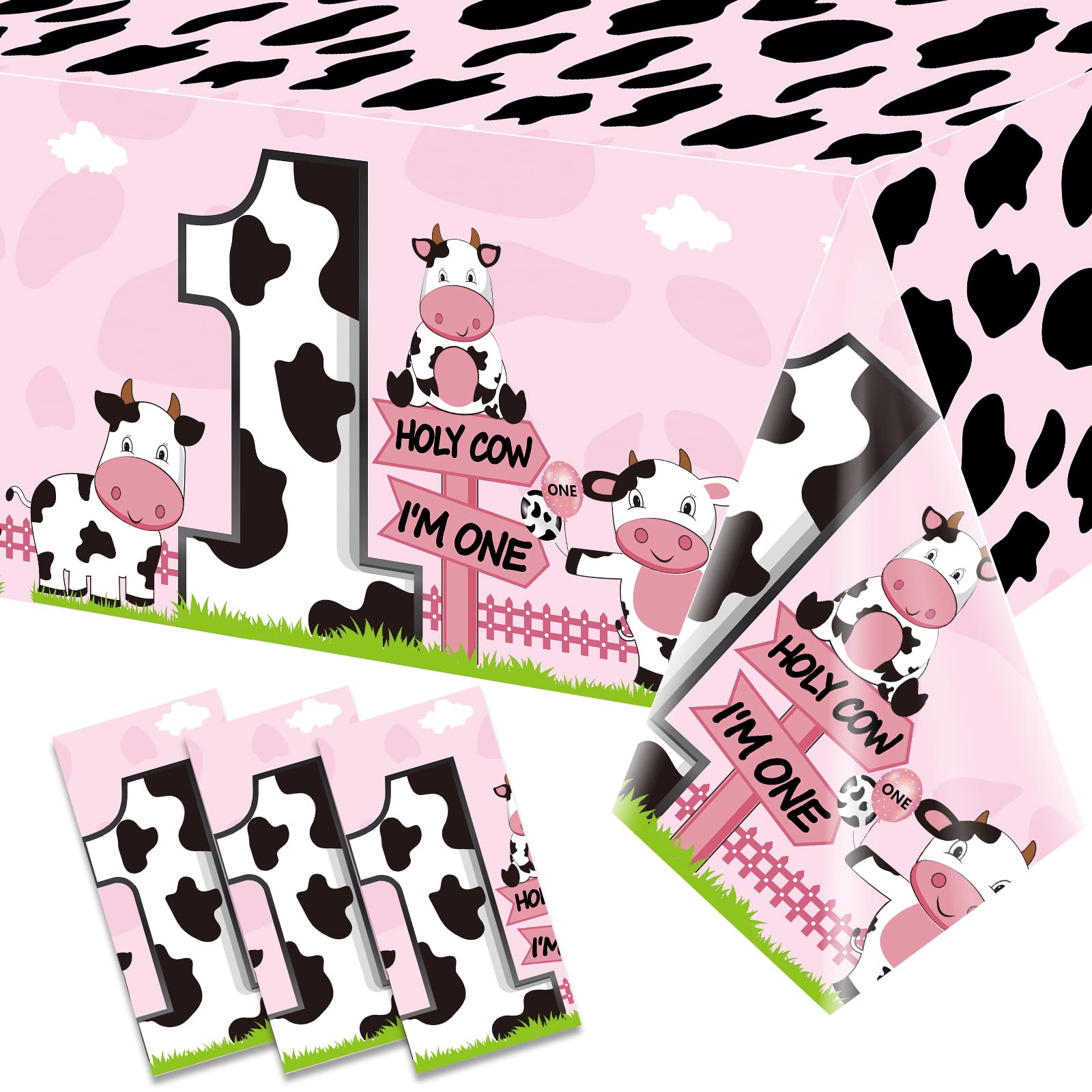 3Pack Holy Cow Im One Birthday Table Cloth Decorations for Baby Girl, Pink Cow First Birthday Table Cover Party Supplies, Cow Theme Baby 1st Birthday