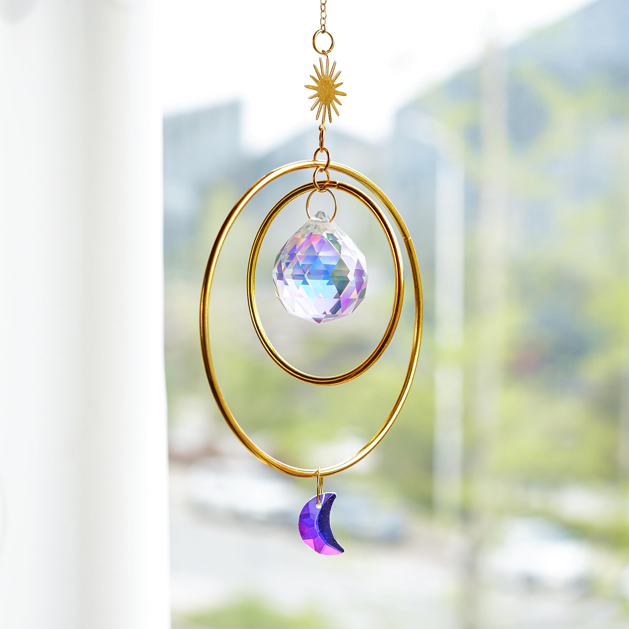 H&D HYALINE & DORA Gold Crystals Suncatcher Crystal Moon Sun Catchers Indoor Window Suncatchers Rainbow Maker Glass Ball Prism Sun Catcher with 2 Brass Circles - Image 3