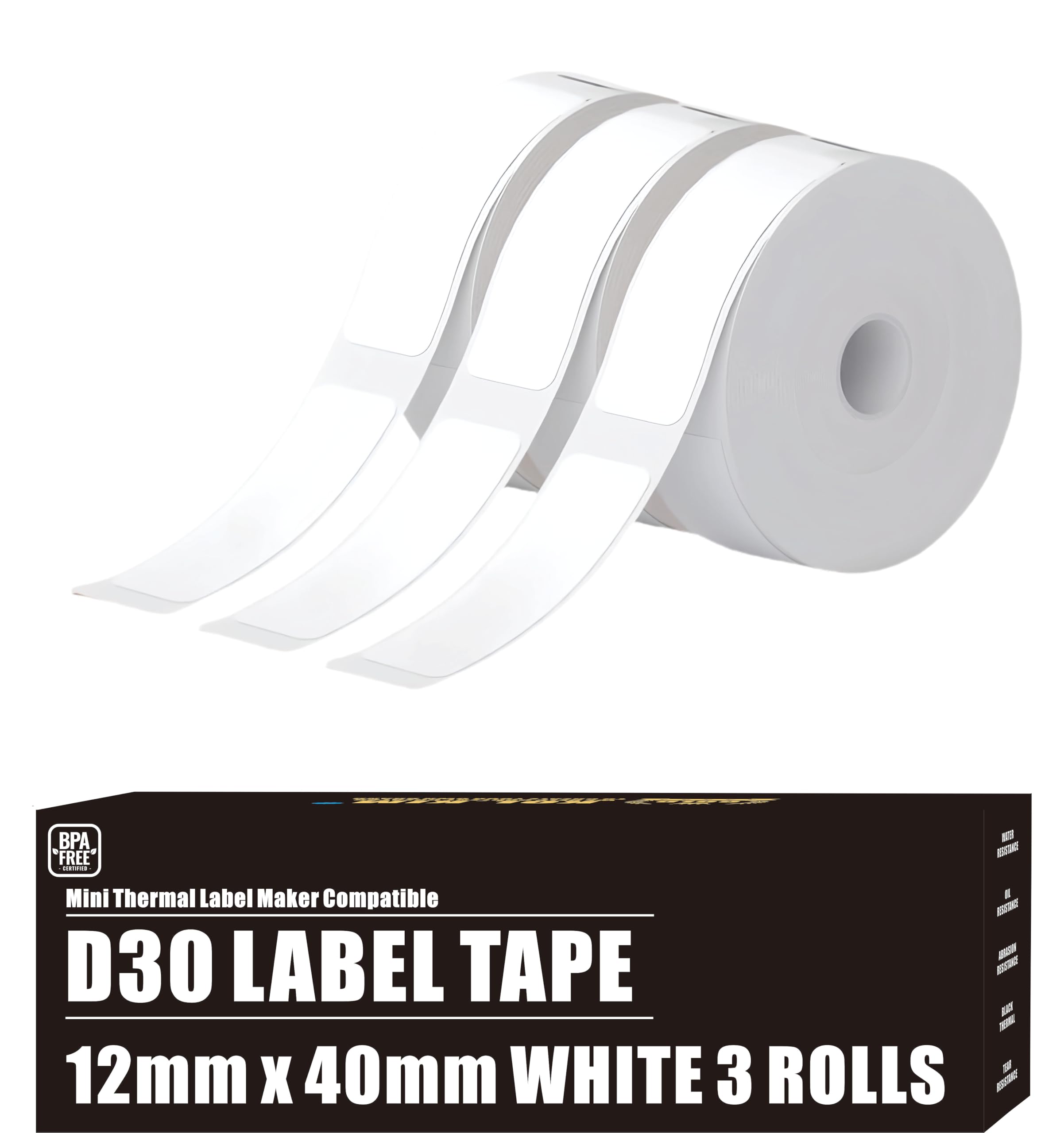 D30 Etiketten für Phomemo Etiketten, D30 Etikettenband für Print Master D30 Etiketten, Nachfüllpack, Smart Mini Label Maker, Nachfüllpackung für Phomemo Label D30 Label Maker Tape, Weiß, 12 x 40 mm