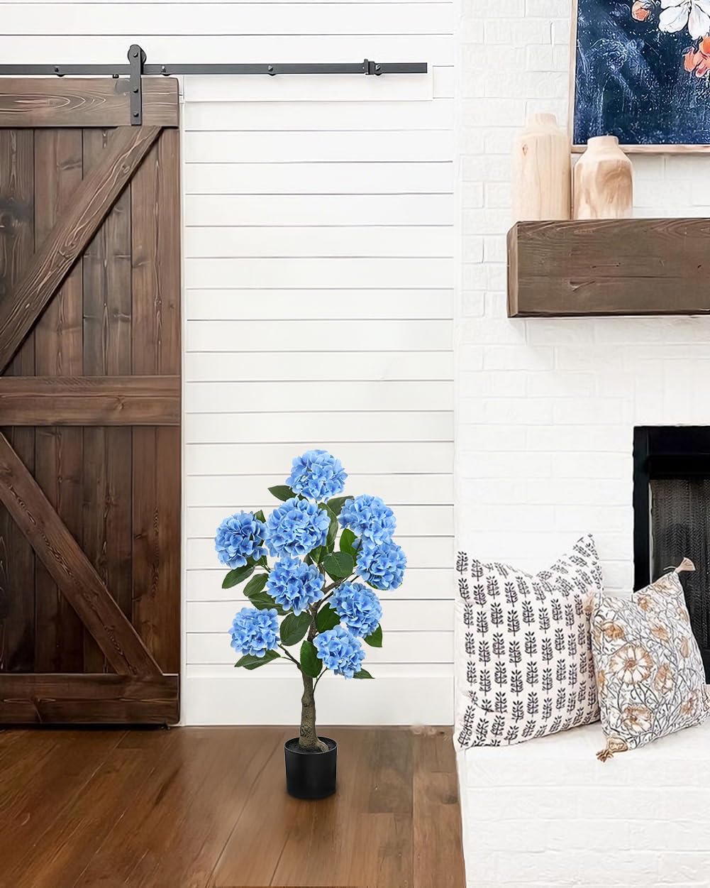 Hollyone 3FT Blue Hydrangea Artificial Flowers Tree Large Real Touch Faux Silk Hydrangea Plants Potted Fake Flower in Black Pot for Home Indoor Outdoor Front Porch Garden Entrance Living Room Decor