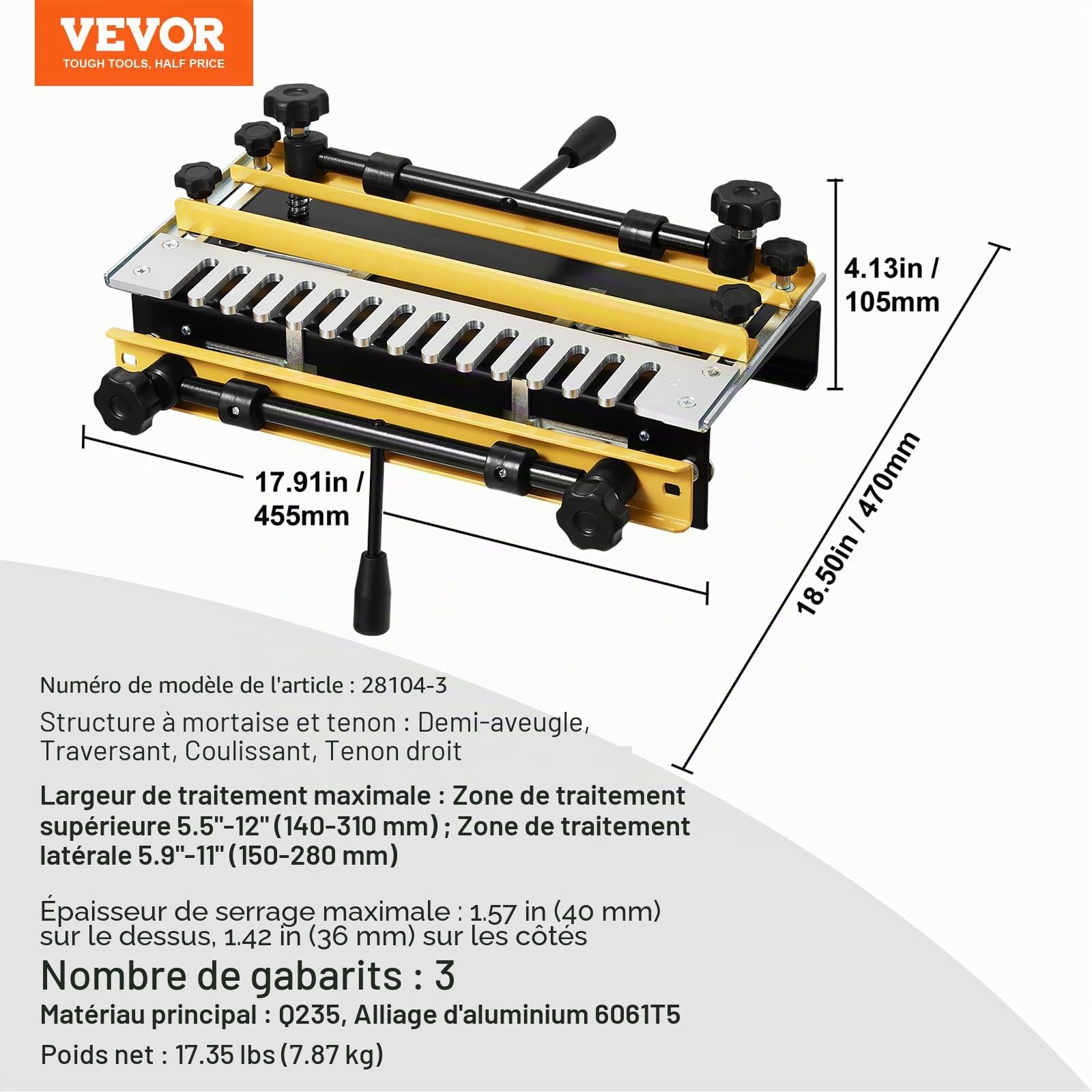 VEVOR Gabarit à Queue d'Aronde Largeur 310 mm Gabarit de Défonceuse à Queue d'Aronde Outil Menuiserie pour Tenons et Mortaises, Fabrication Meubles Bois, avec 3 Gabarits 5 Fraises, Alignement Précis