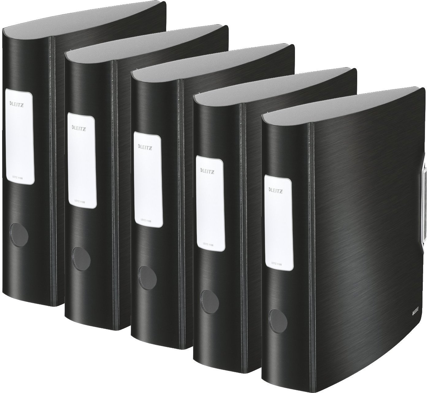 5x Leitz 11080094 Multifunktions-Ordner (A4, Runder Rücken 8,2 cm Breite, Gummibandverschluss, Gebürstete Alu-Optik, Kunststoff, Ergonomische Form, Active Style) satin schwarz (5er Set | breit)