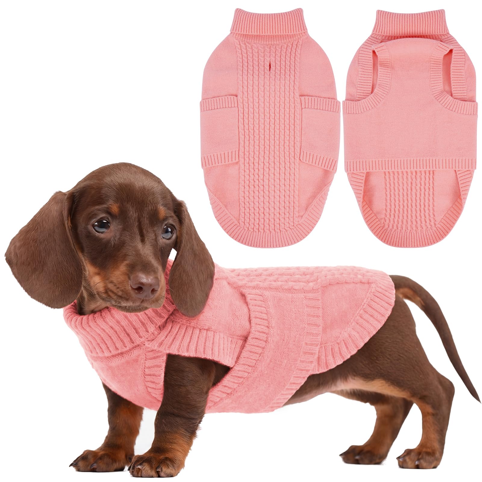 Hjumarayan Dog Jumper Winter | Classic Cable Knit Dog Sweater with Harness Hole | Warmer Roll Neck Jumper for Small Dogs | Sleeveless Puppy Clothes | Pomeranian (Baby Pink S)