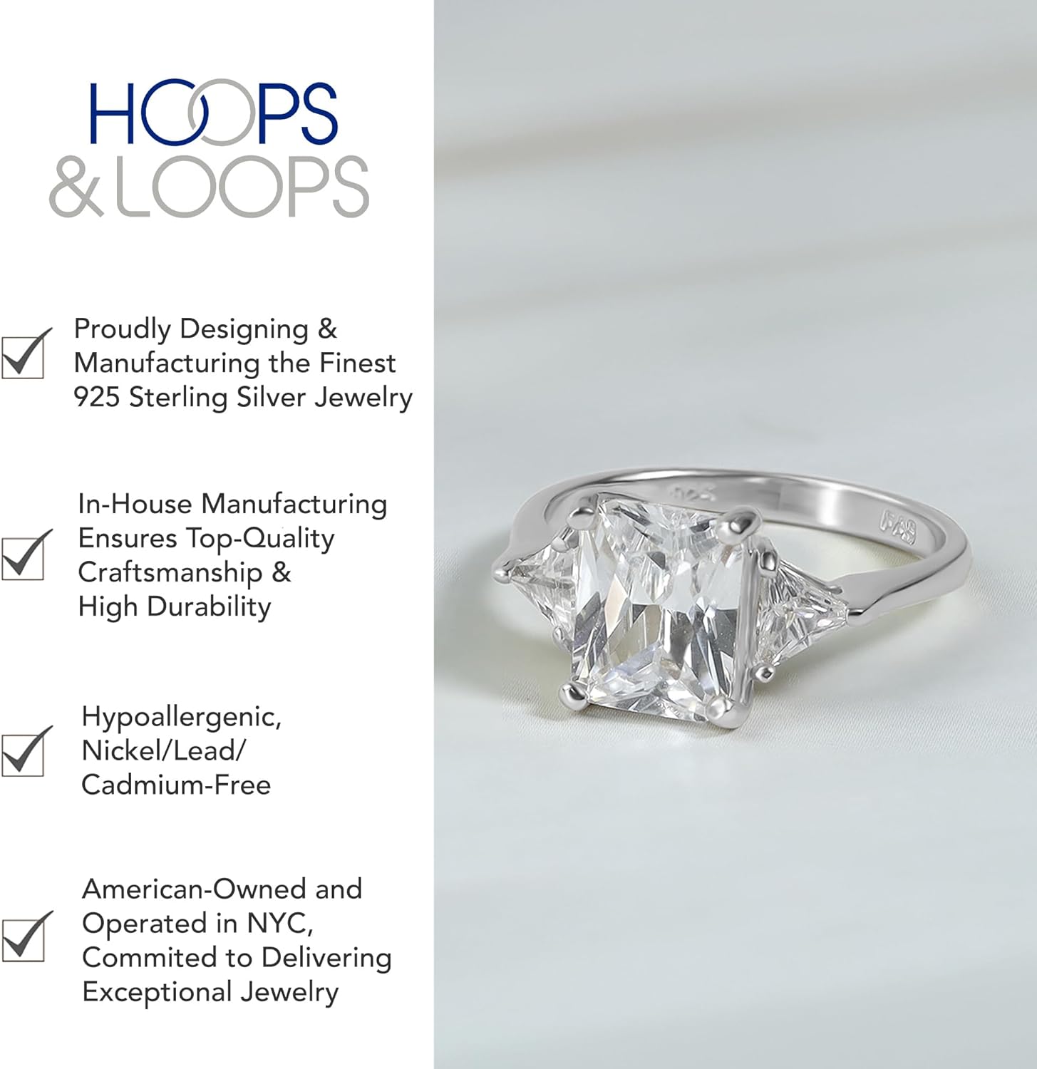 Hoops & Loops Sterling Silver CZ Trillion & Emerald Cut Engagement Ring, Size 6