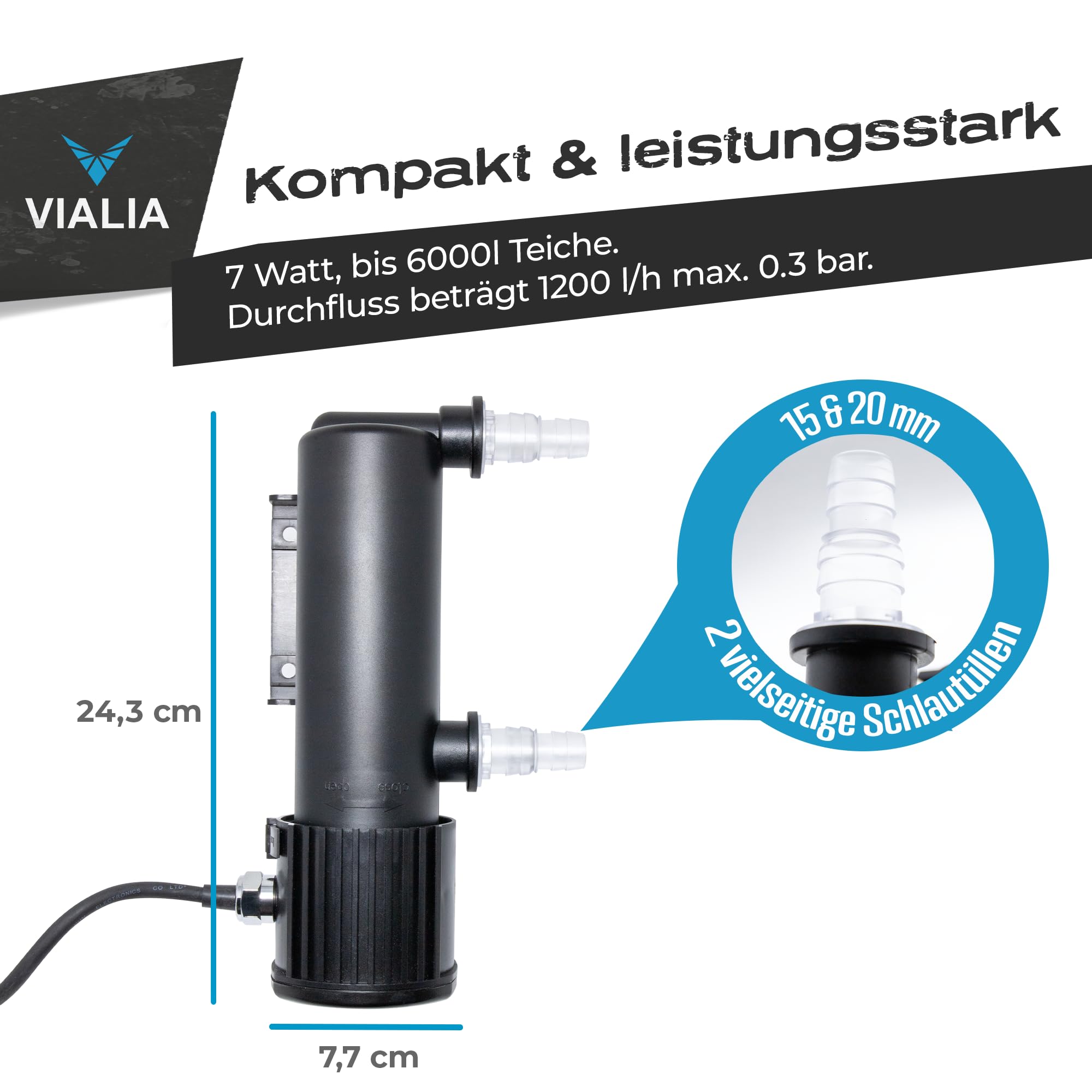 UVC Klärer, Modell: GUV-207, 7 Watt, 1.200 l/h, Teichklärer mit 2 Anschlüssen 20/25/32/40 mm, UV-Schauglas und Quick Lock-Anschluss, Teichfilter mit Pumpe für den Gartenteich