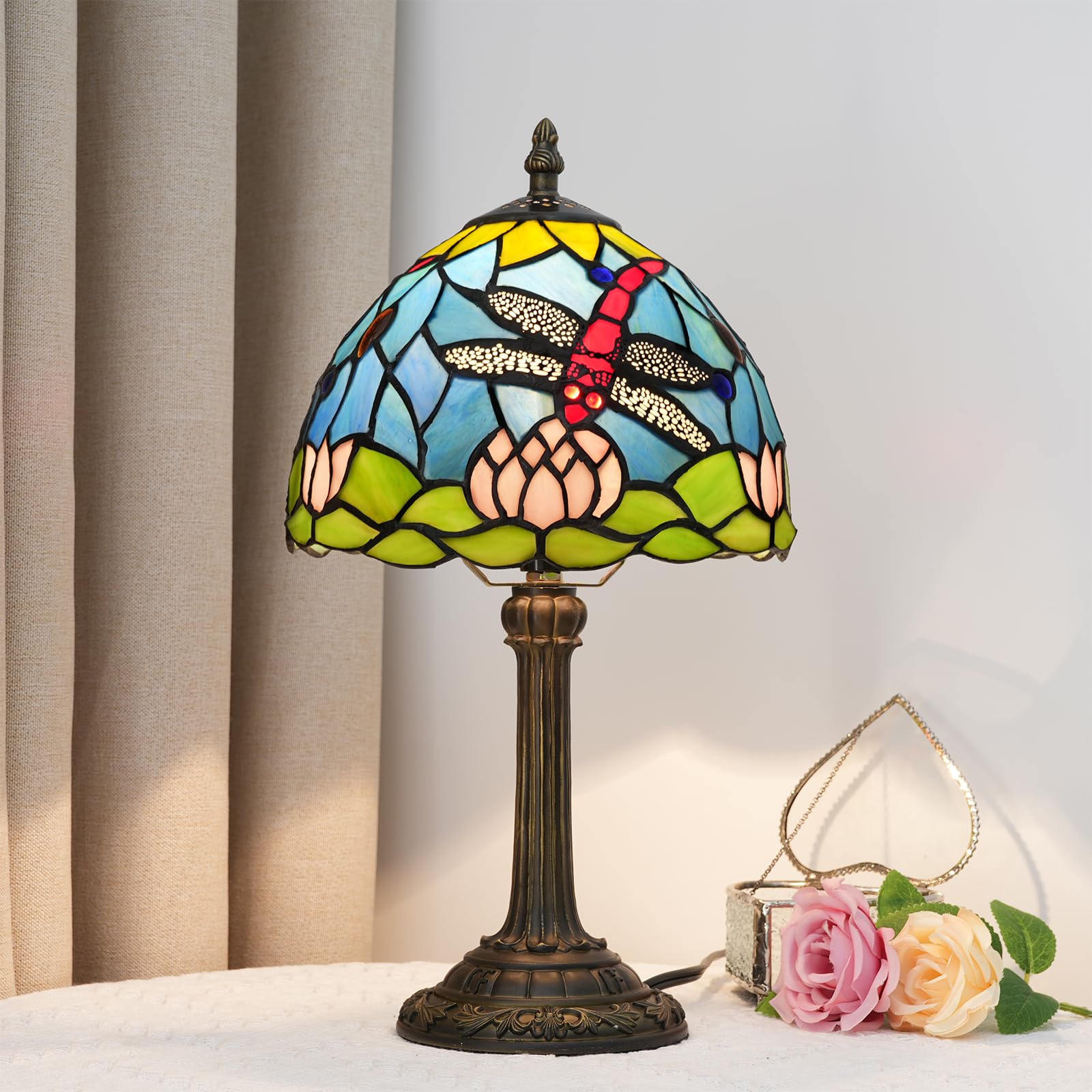 Lampada Tiffany di Vetro Colorato Fiore di Loto Dragonfly - Lampada da Tavolo per Soggiorno e Camera da Letto - Comodino Blu Piccolo - Luce Notturna Carina per Bambini