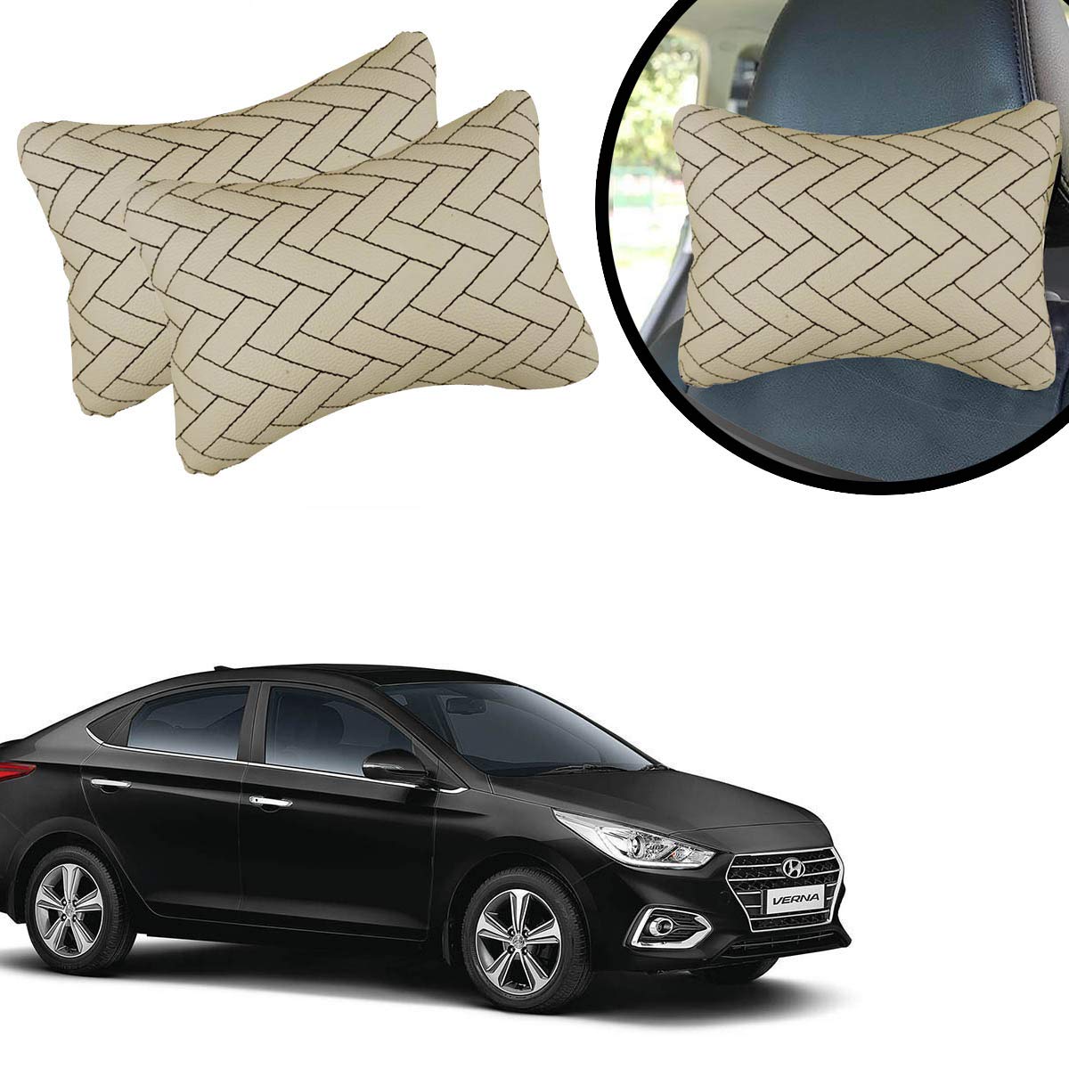 PulGos Beige Universal Neck Rest Pillow Faux Leather Material in Zig-Zag Design for All Cars_245