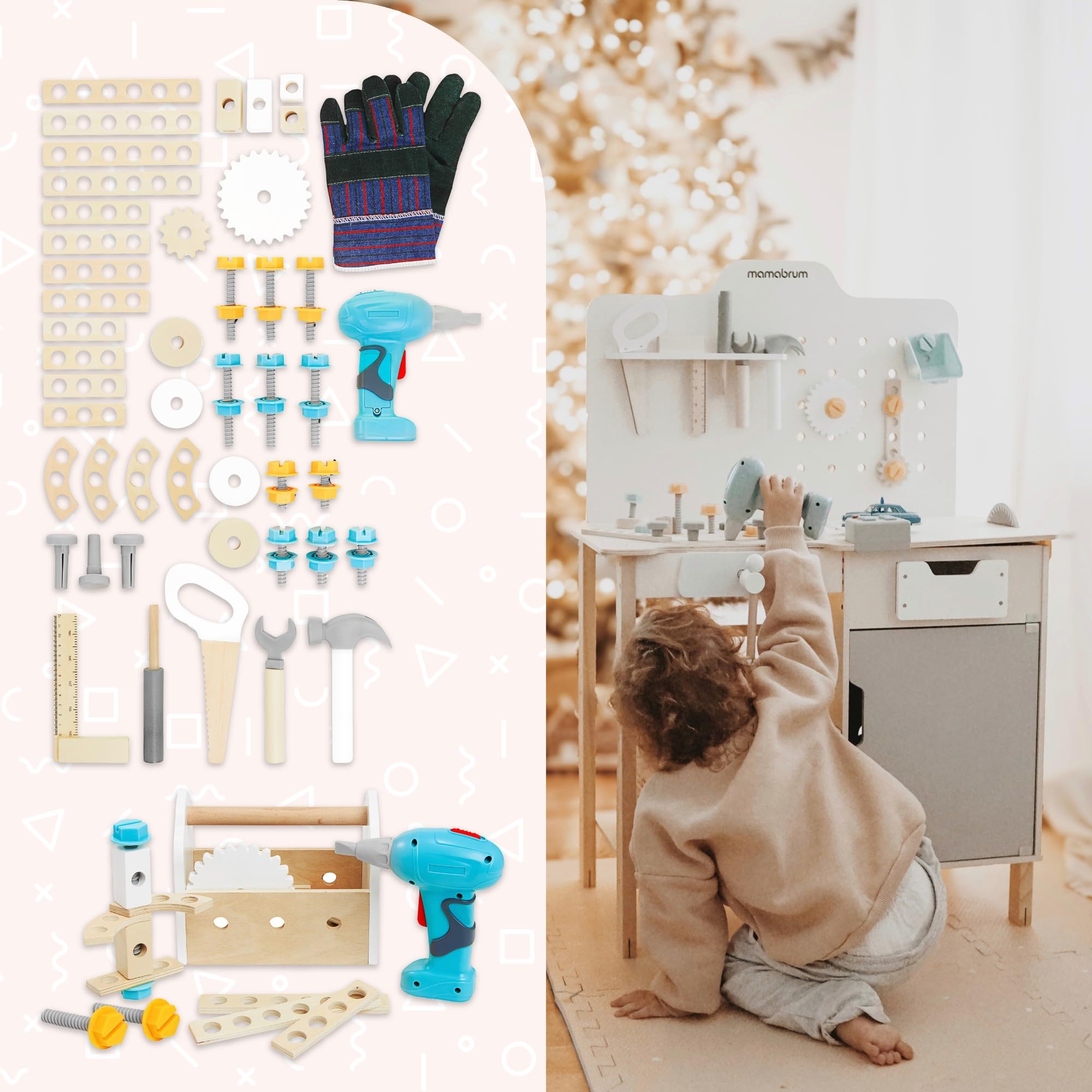 mamabrum Banco Trabajo Madera para Niños - Mesa Herramientas XXL con 74 Piezas, Taladro Eléctrico y Sierra Circular - Altura Ajustable 97-103cm - A Partir de 2 Años