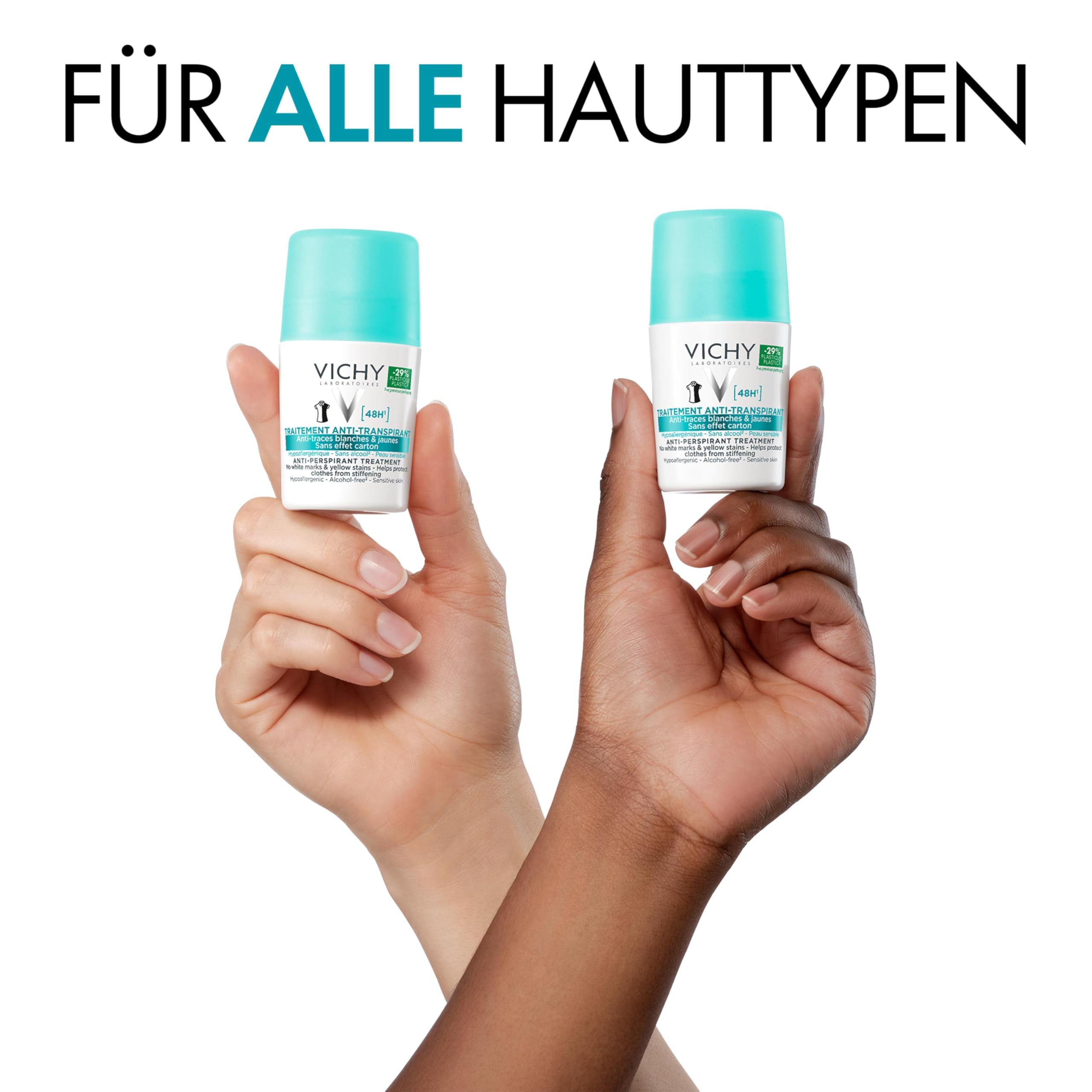 Vichy Anti-Transpirant 48h gegen Flecken, Deo-Roll-on für Frauen und Männer, Schweiß- und geruchshemmend, Keine Spuren auf der Kleidung, Mit Thermalwasser aus Vichy, Für empfindliche Haut