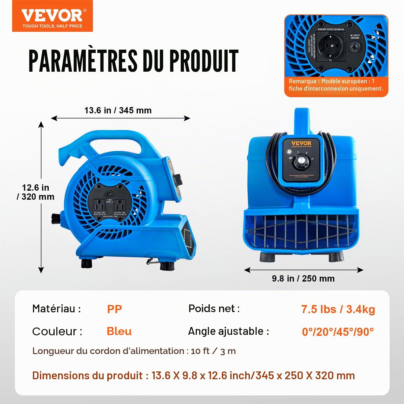 VEVOR Souffleur de Sol, 1360 TR/Min, Ventilateur de séchage Refroidissement, 17 m³/Min, sèche-Tapis Portable avec 4 Angles de soufflage, réglage à 3 Vitesses, pour Nettoyage, Maison, Usage Commercial