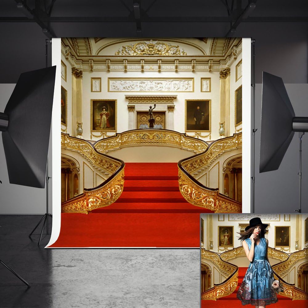Photography Backdrop, MeeQee 5X7ft Palace Red Carpet Golden Stairs Decorate Photo Studio Pictorial Cloth Photography Background Screen for Photo, Video and Television, MQ-CO2