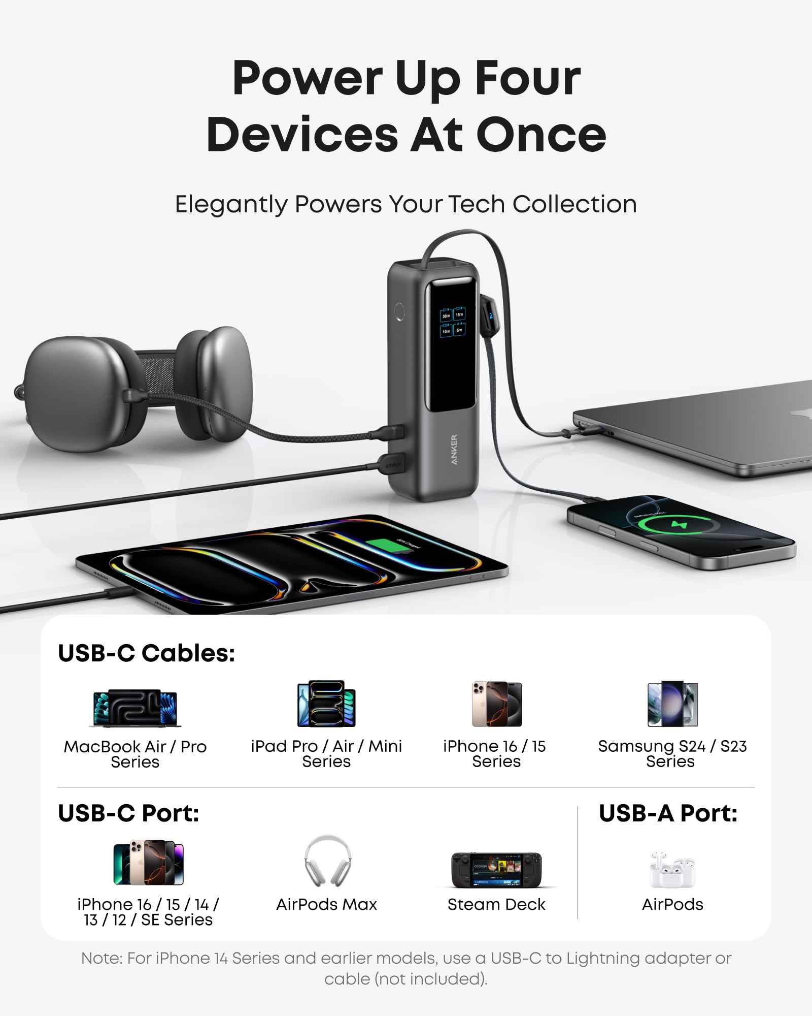 Anker 165W 25000 mAh Laptop Powerbank, Ladegerät mit 70cm ausziehbarem Kabel & Trageband, 3 USB-C Ports für Laden mehrerer Geräte, Für MacBook Pro, iPhone 17/16/15, Samsung und mehr (flugzeugtauglich)