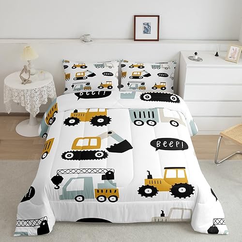 Miniatura 1 de Erosebridal Juego de ropa de cama de construcción para niños, tamaño matrimonial, con estampado de tractor y excavadora de dibujos animados, bonito