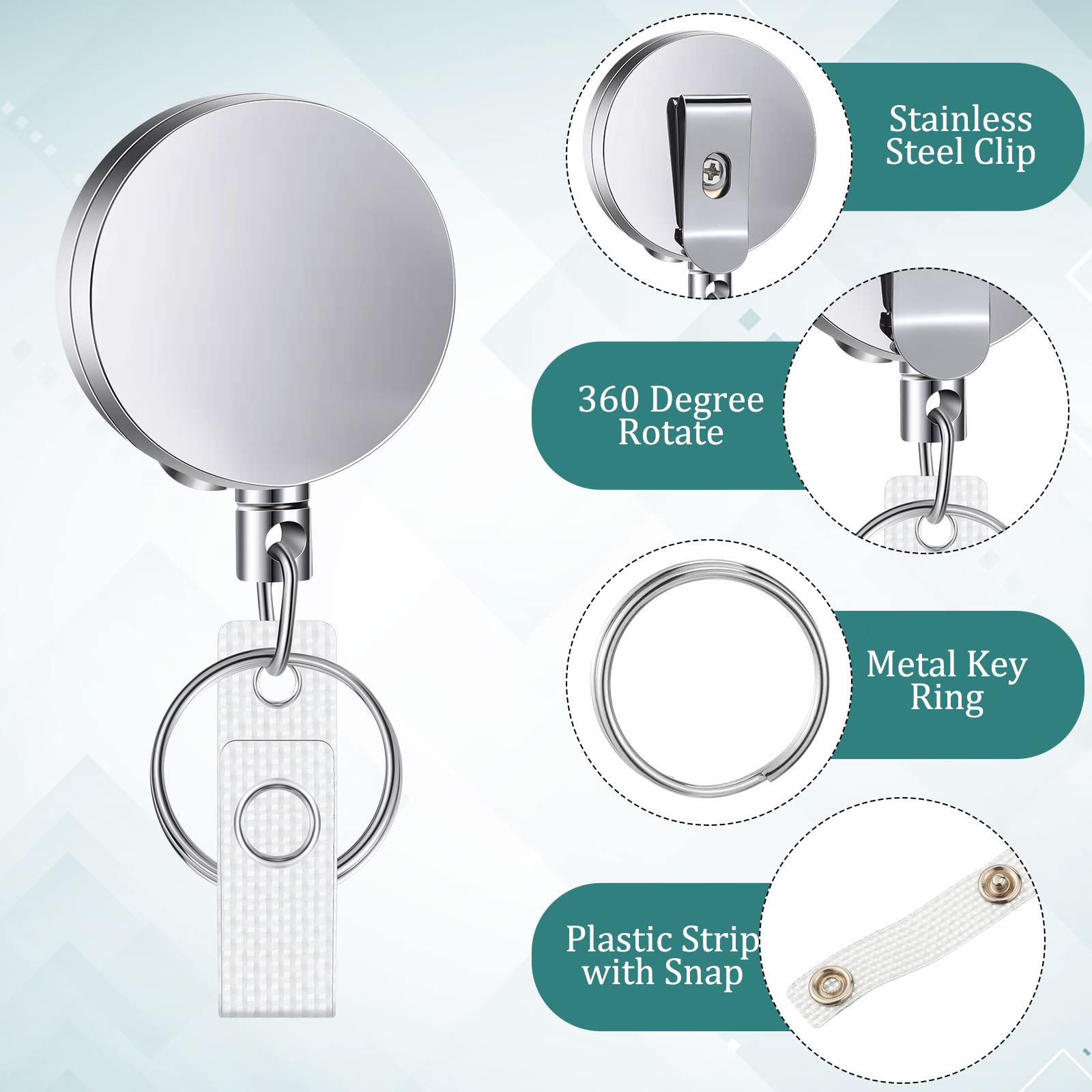 20 Pack Heavy Duty Retractable Badge Holder Reel ID Badge Holder with Belt Clip Key Ring Badge Reels Retractable for Nurses Extendable Name Tag Holder Metal Badge Holders for Name Card (Glossy Silver)