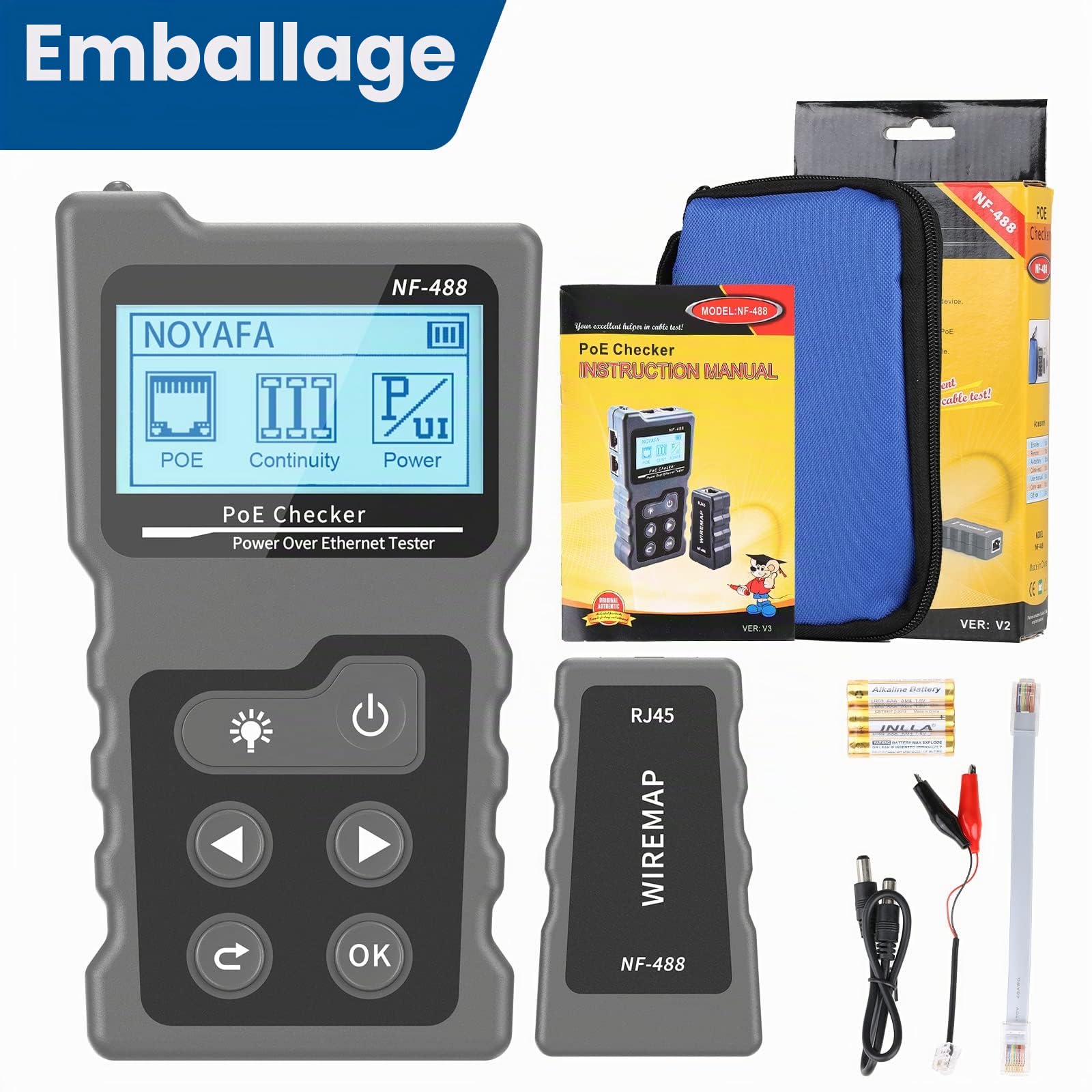 NF-488 Testeur de Réseau RJ45, Pour Vérifier L'état de Court-Circuit, Transversal & D'interruption des Câbles Réseau Cat5/Cat6, Test de Tension & de Courant，Testeur de Câble Réseau avec Fonction POE