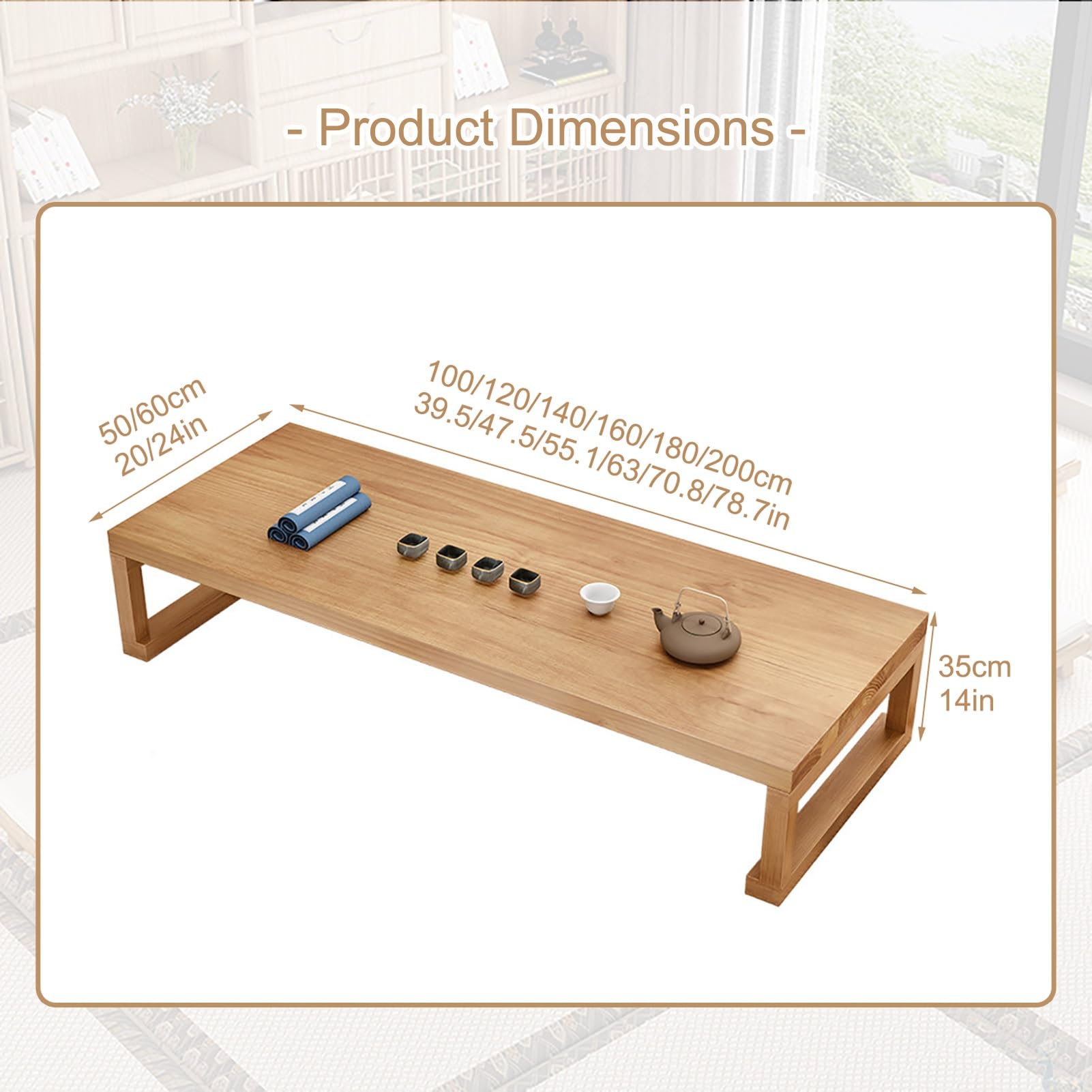 Tavolino Tatami Vintage in Legno Solido - Tavolino da pavimento giapponese, basso in legno massello per appartamento, soggiorno, sala da pranzo, tè, Tatami (120 * 60 * 35 cm/47,5 * 24 * 14 pollici)