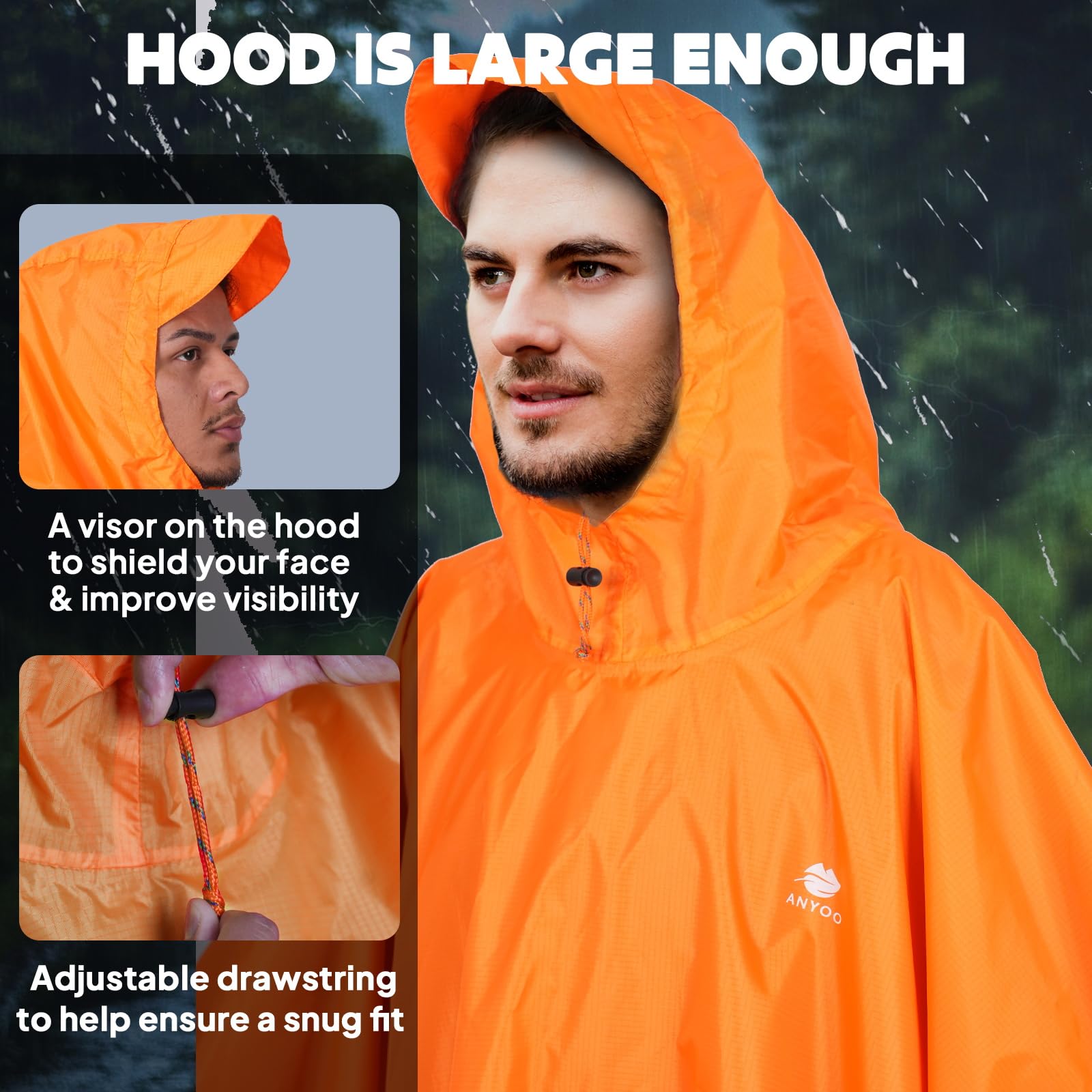 ANYOO Impermeabile Poncho Pioggia Riutilizzabile Multiuso Impermeabile con Cappuccio Packable Telo Riparo a Terra Foglio Ideale per Campeggio all'aperto Pesca Sopravvivenza,Taglia Unica