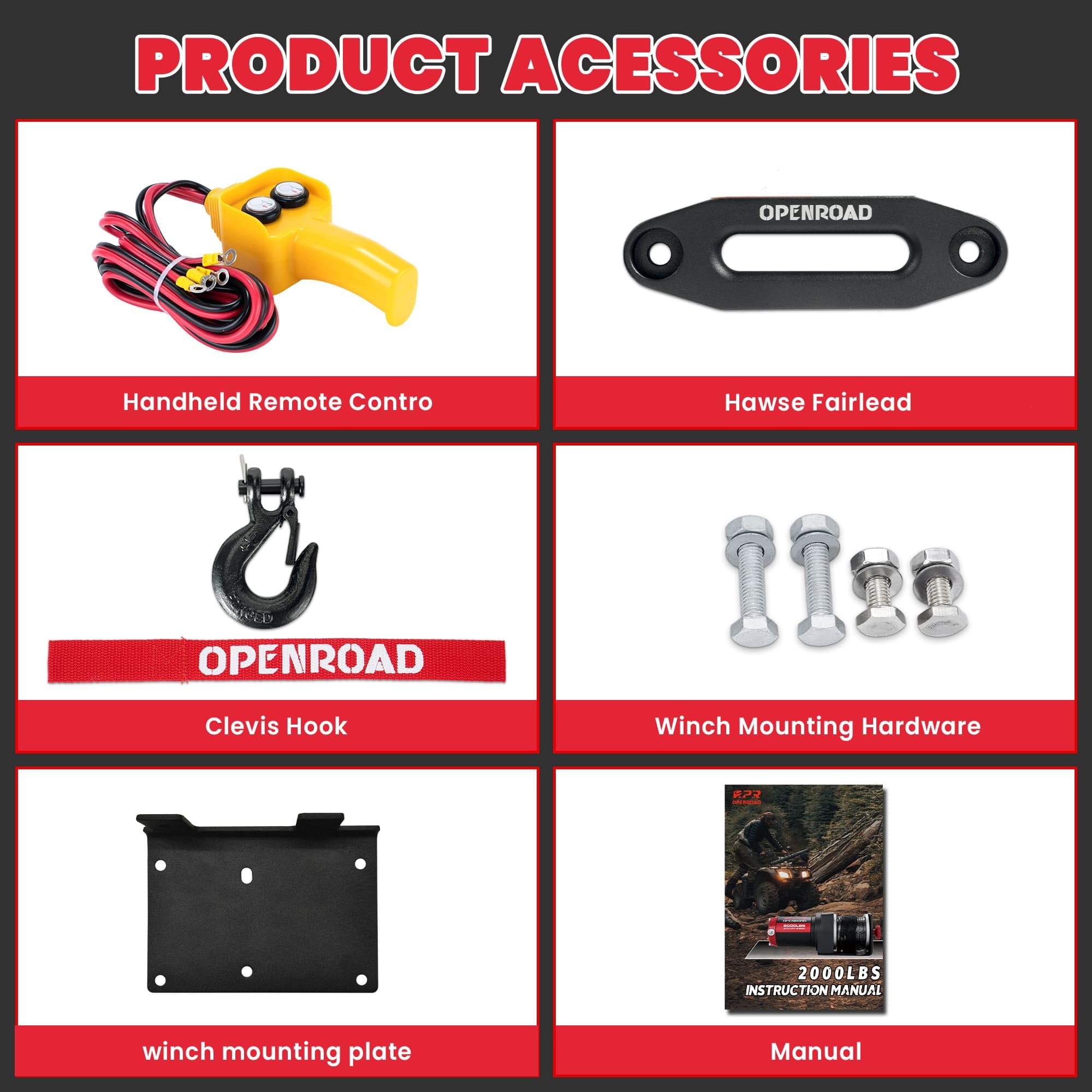 OPENROAD 2000ポンド 電動ウィンチ ロープ付き