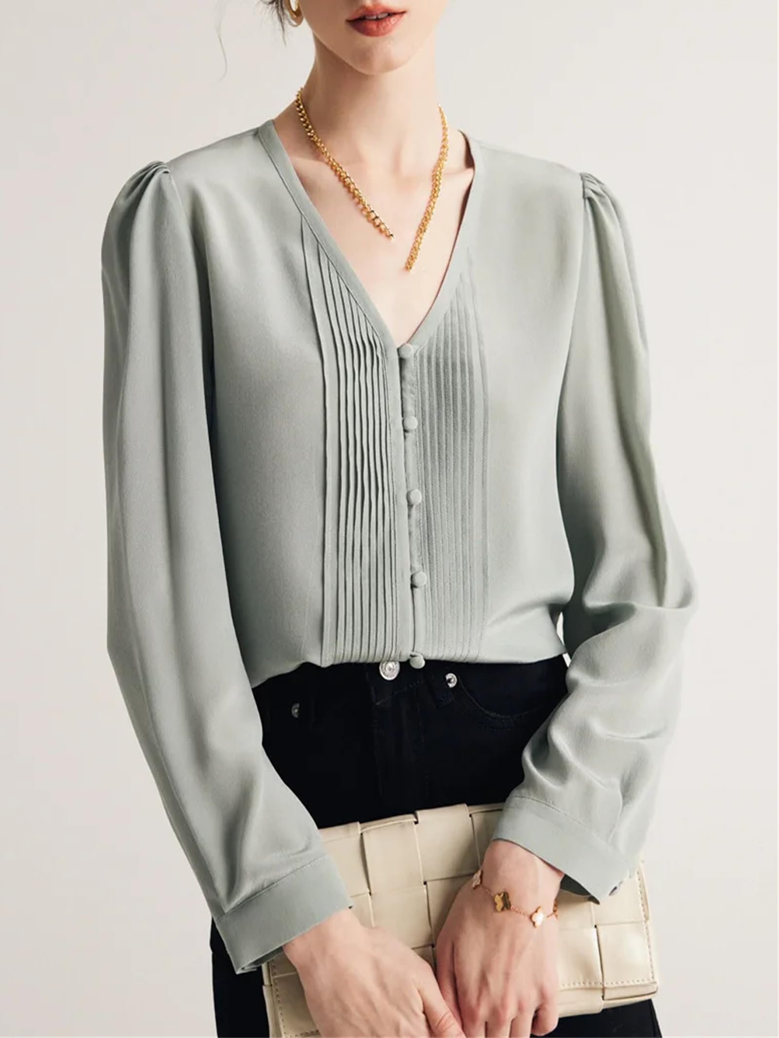 Camisas lisas de seda con cuello en V y manga larga para mujer, blusas elegantes para otoño e invierno, para la oficina