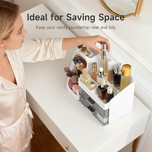 Miniatura 7 de Delamu Organizador de maquillaje para encimera, espaciosa vitrina de cosméticos con soporte para brochas de maquillaje, organizador y almacenamiento