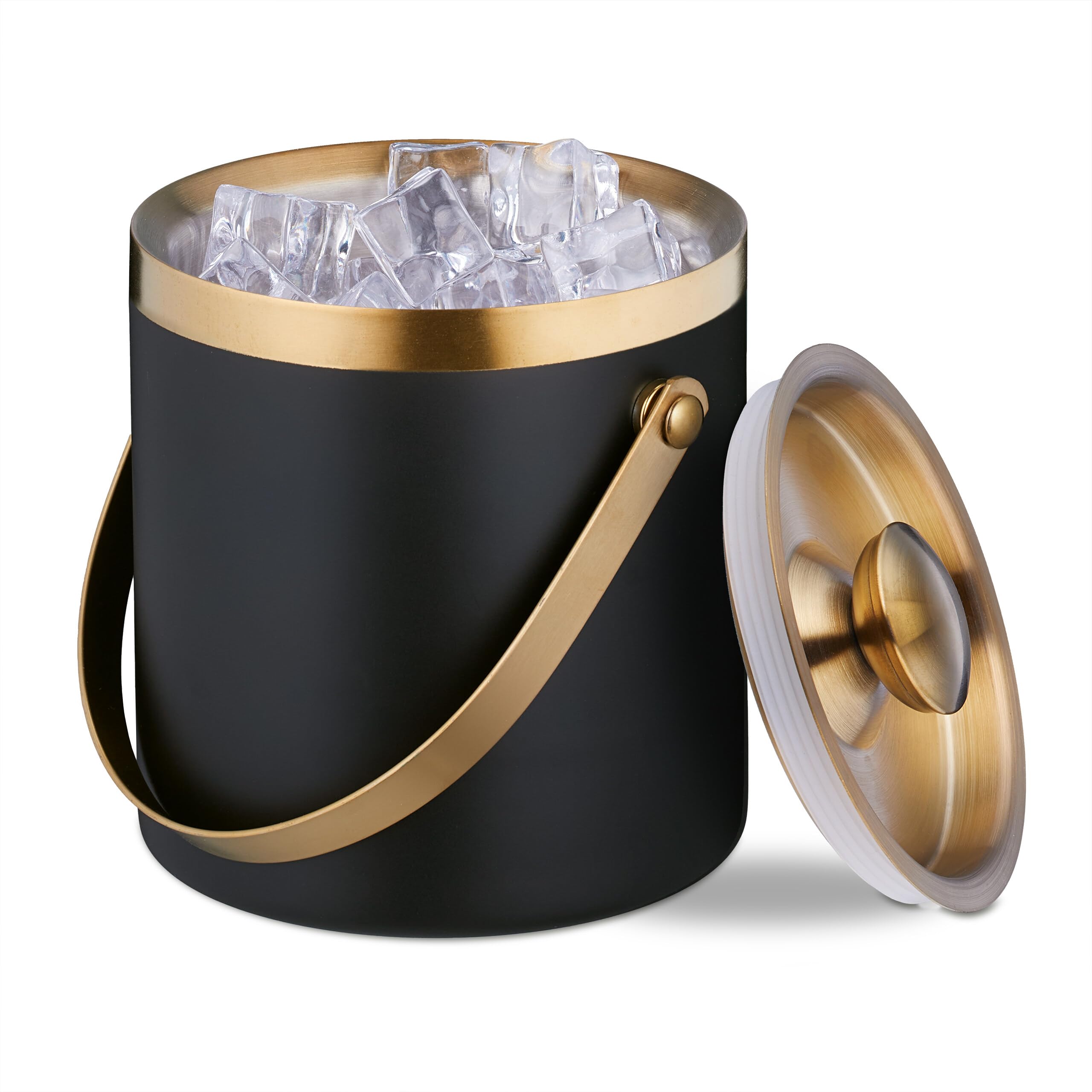 Relaxdays Ice Cube Bucket, Stainless Steel, Double-Walled, with Lid & Handle, 1.5 Litre, Wine, Bottle Cooler Black/Gold