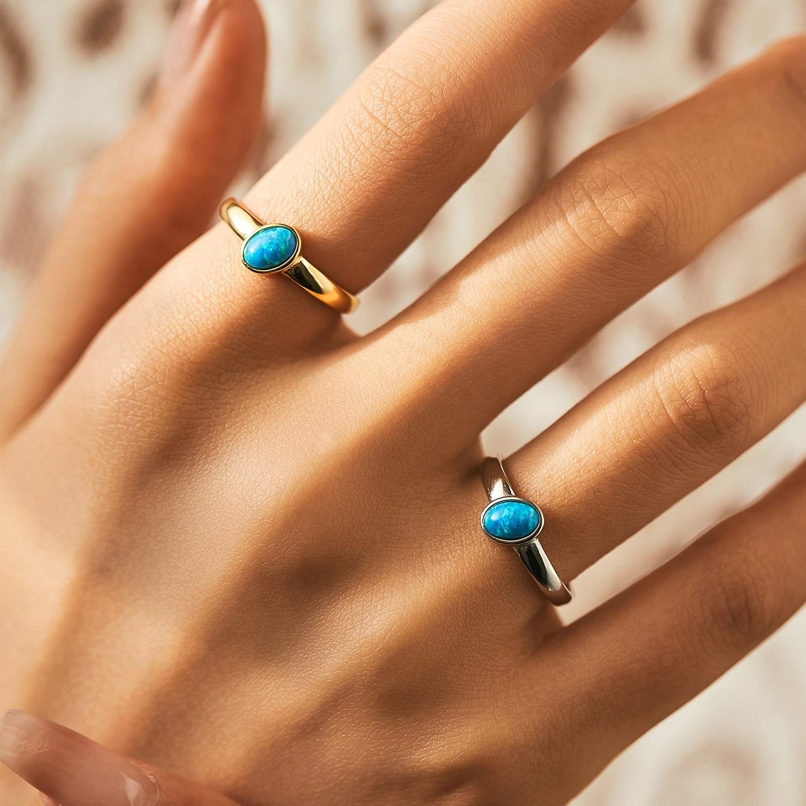KnSam Eheringe 9K/14K Weiß Gold, Ovalschliff Blau Opal Hochzeitsband Au375/ 585 Weißgold, Solitärring Trauringe Echtschmuck, Gr.47-62