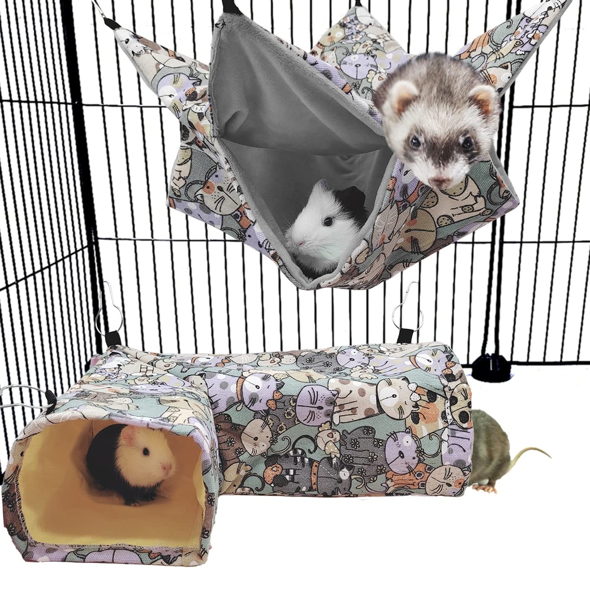 EAEDMY Guinea Pig Ferret Rat Corner Tunnel and Hammock, Safe Construction, Suitable for Small Pets, Easy to Clean, Convenient Installation