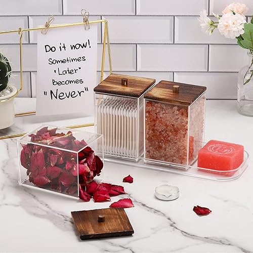 Miniatura 5 de Tbestmax Qtip Apothecary - Soporte para hisopo de algodón, 12 onzas, recipiente de baño transparente para almacenamiento, 4 tapas de madera negra