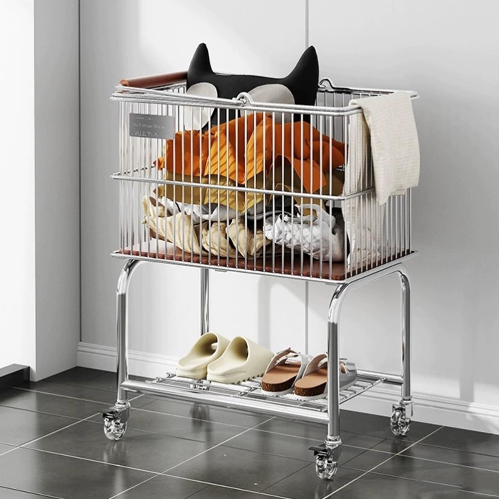MRKU Folding Laundry Basket Household Storage Workout Equipment,Metal Wire Rolling with Wheels- Rack for Bathroom,Bedroom