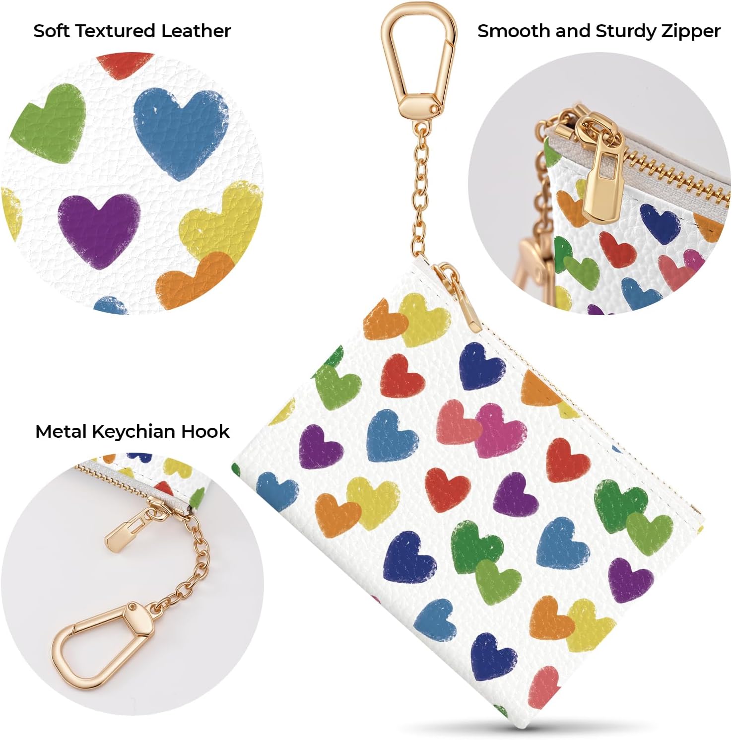 Love Hearts Keychain Coin Purse for Women, Small PU Leather Change Pouch, Zipper Little Tiny Travel Wallet for Girls, Cute Kawaii Zip Pocket Coin Holder with Key Ring - Image 8