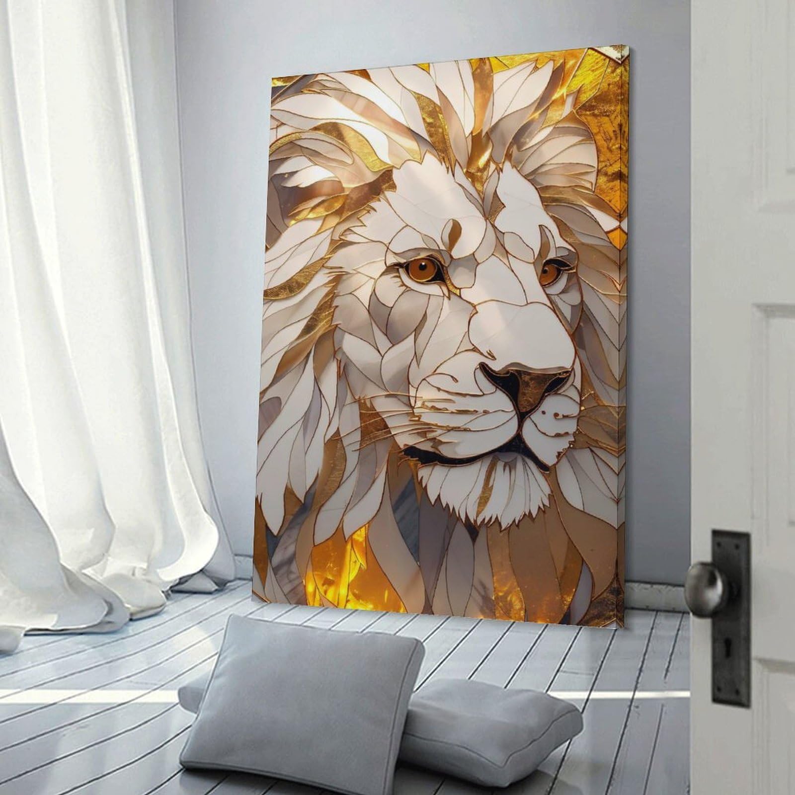 Junmoney Golden And White Lion Portrait Wall Decor Canvas Print 24x36inch(60x90cm), for Lounge, Study, Hallway Or Flat Walls, Decorative Artwork with Broad Appeal