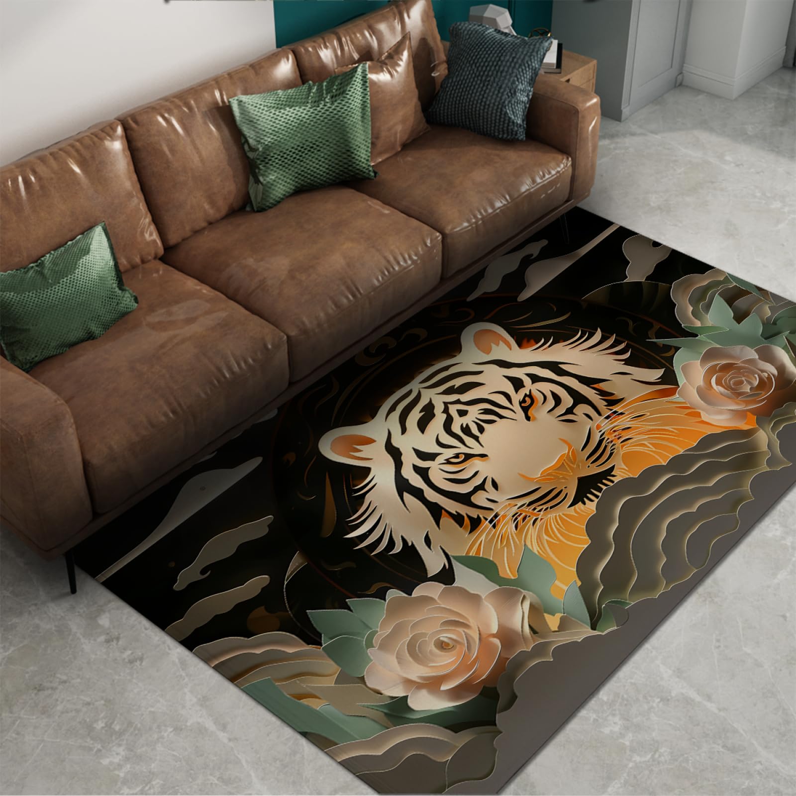 Tappeto artistico per il taglio della carta 3d per l'arredamento della camera da letto del soggiorno Potente e bello Tiger Peonia Modello di nuvola Antiscivolo a pelo basso Tappeto sottile 120x180cm