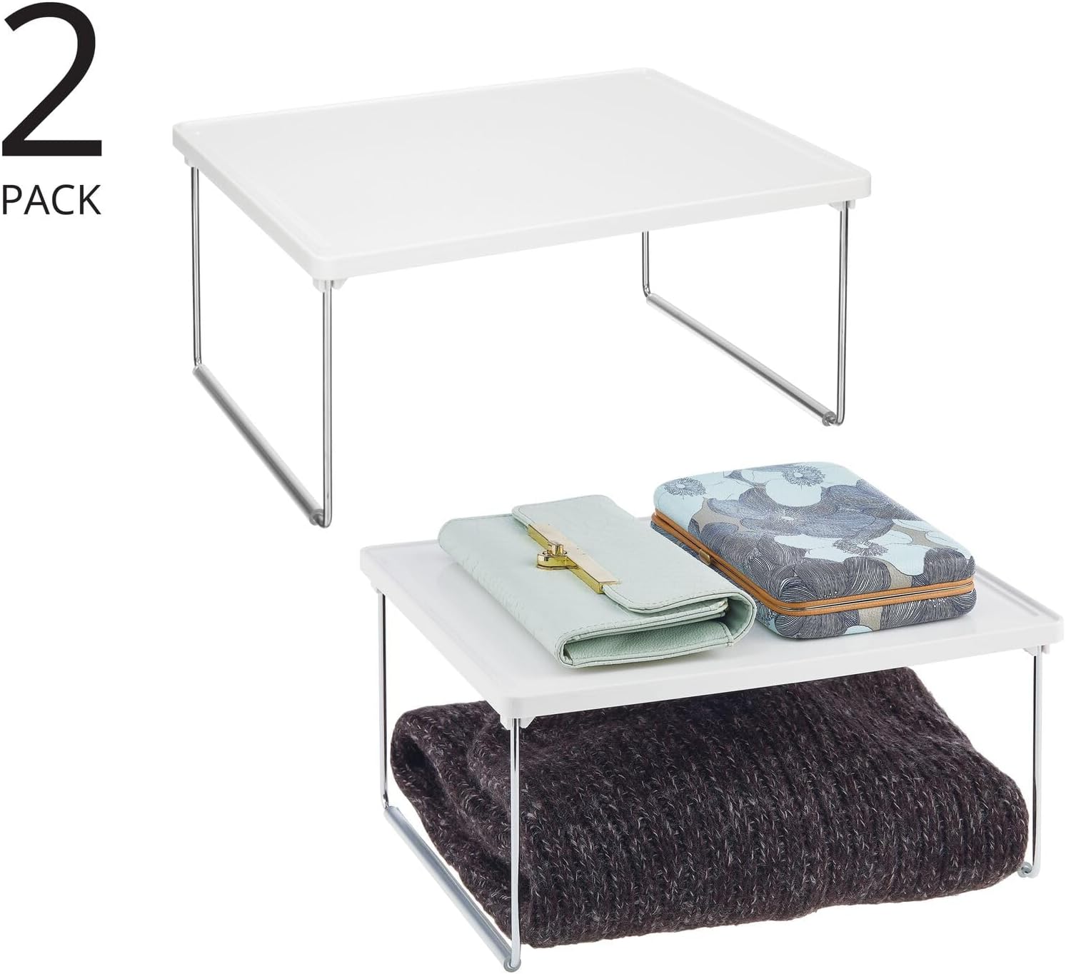 mDesign Metal Stacking Storage Organization for Shelves Inside Closet in Bedroom, Bathroom, Hall, or Entryway - Organizer Stand for Clothing, Linen, Household Items, Ligne Collection, 2 Pack, White White Pack of 2 image 4 of 9 B083QPJY24