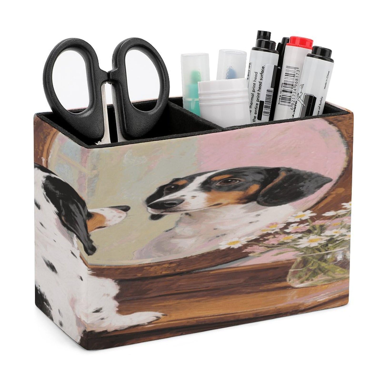 VstaDank Dachshund Dog Pencil Holder for Desk Organizer 2 Compartments Pen Cup Leather Square Pen Holder Pencil Cup Stand Makeup Brush Holders for Desktop Organizer Storage Case