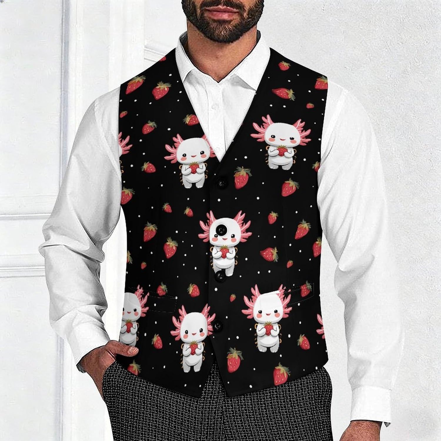 Cute Axolotl Strawberry Men's Suit Vest Formal Vests Casual Dress Fit Waistcoat Casual Tuxedo for Business