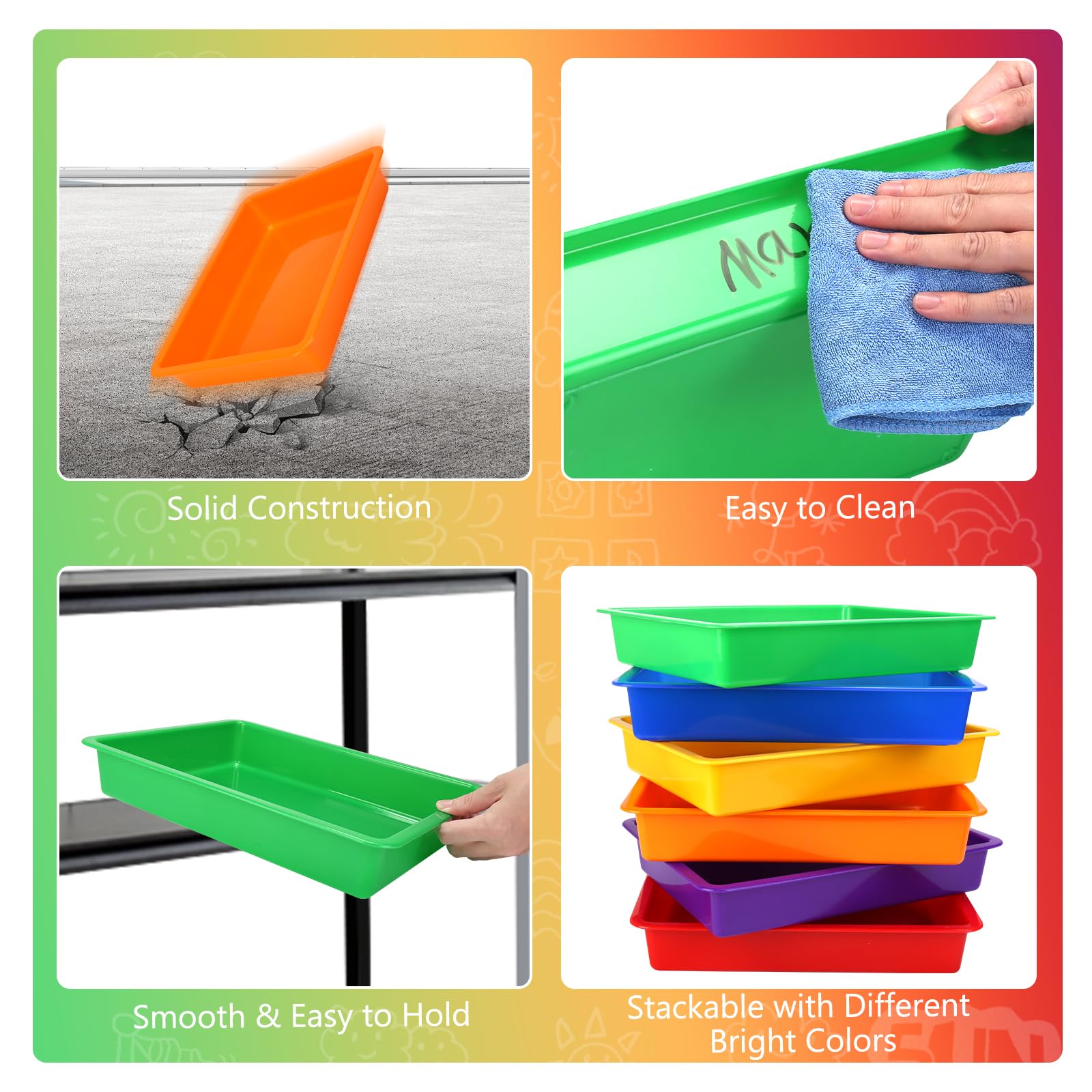 ShineMe Bandejas de plástico para aula, paquete de 6 contenedores coloridos para el aula, bandejas planas gruesas y resistentes para organización y almacenamiento en el aula