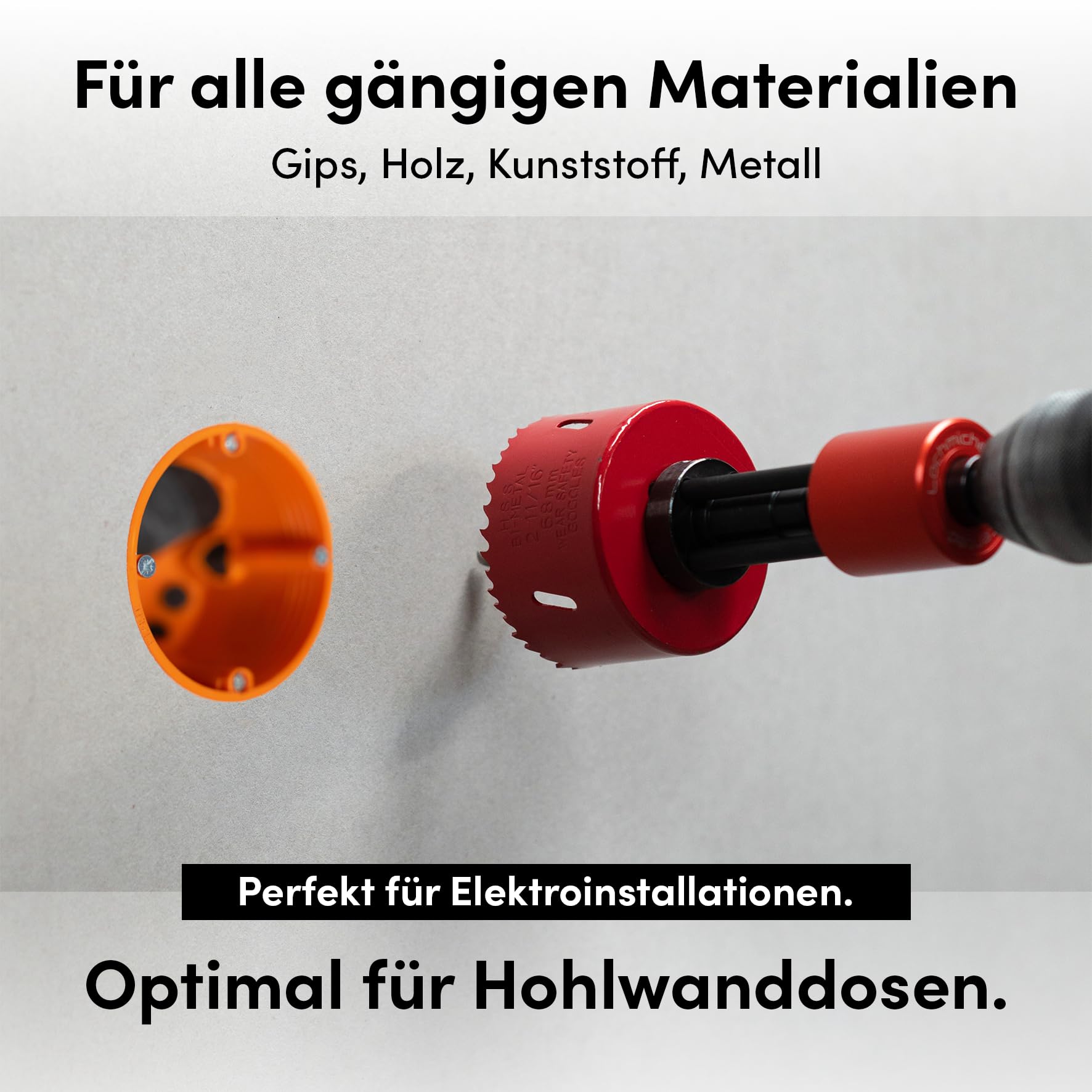 Aufnahme für Lochsägen | Set inkl. 68mm Lochsäge und Zentrierbohrer | Einfaches Entfernen des Bohrkerns | Ideal für Hohlwanddosen