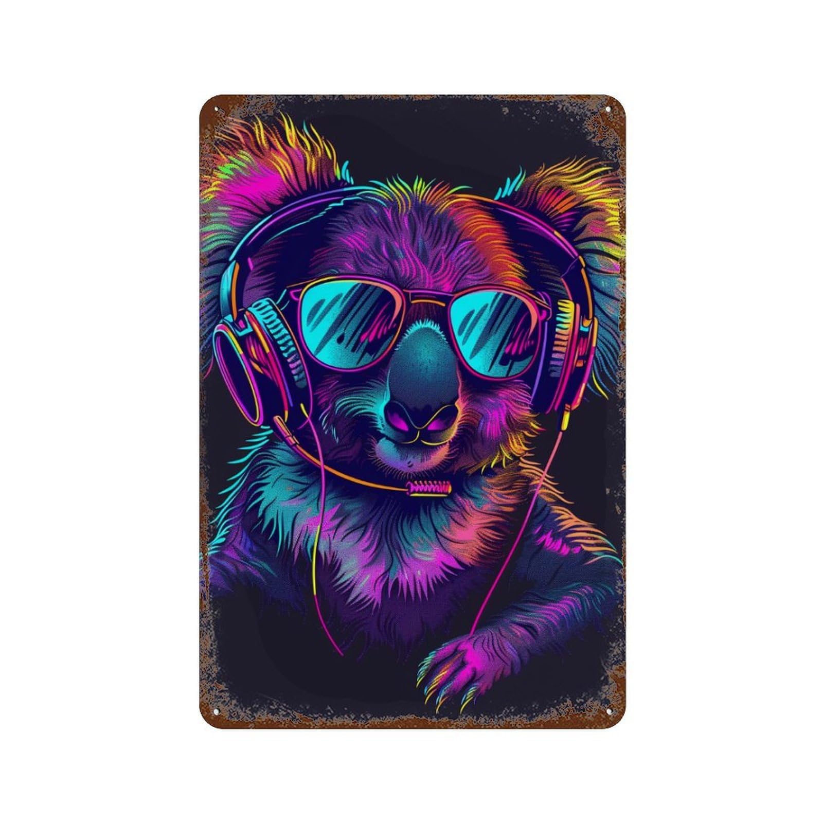 Koala DJ Headphones Art Print-2 Rusty Metal Tin Sign 11.8"x7.9", Vintage Wall Decor for Garage, Pub Or Kitchen