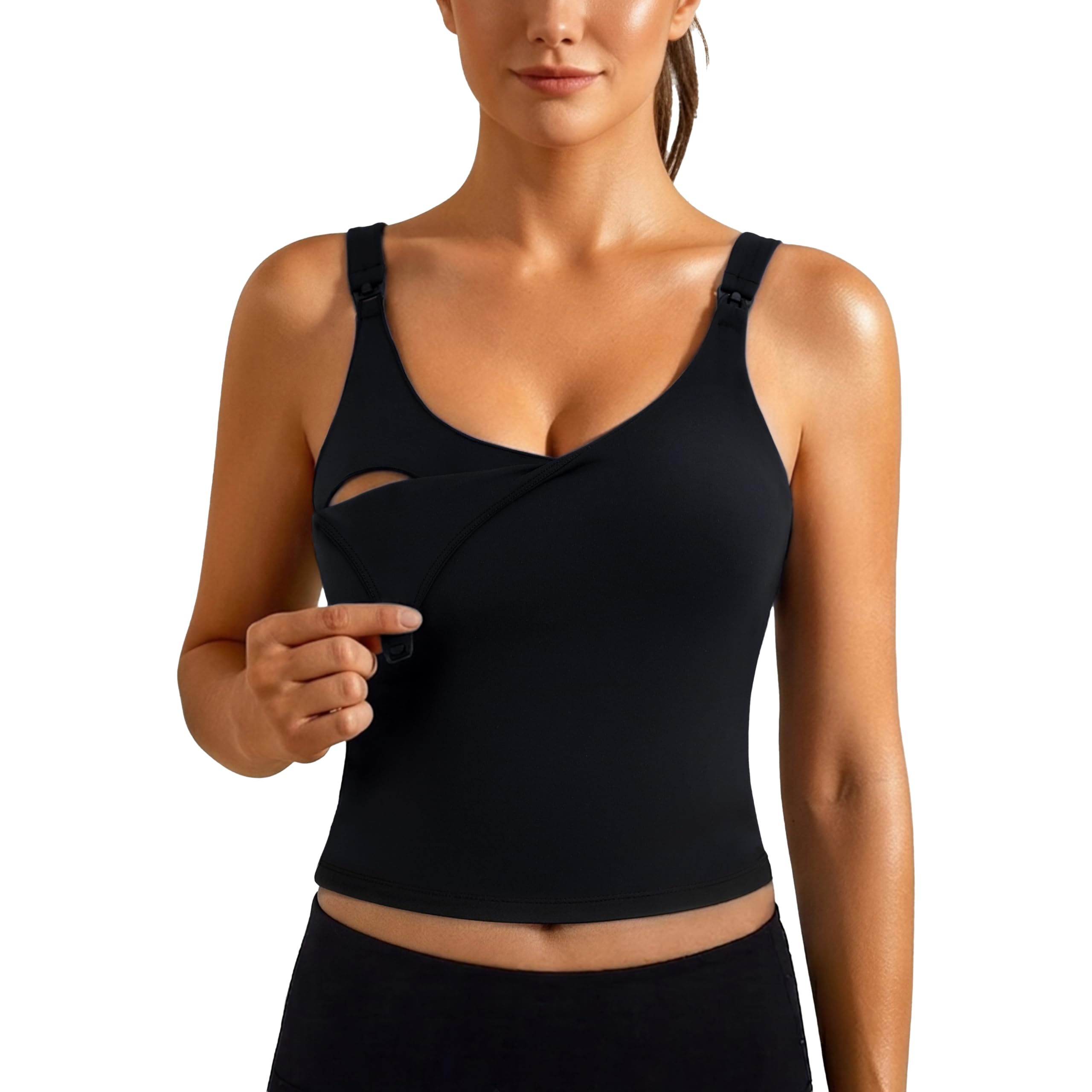 Nursing Bras for Breastfeeding Longline Sports Maternity V Neck Buttery Soft Crop Tank Top with Built in Bra-image-48