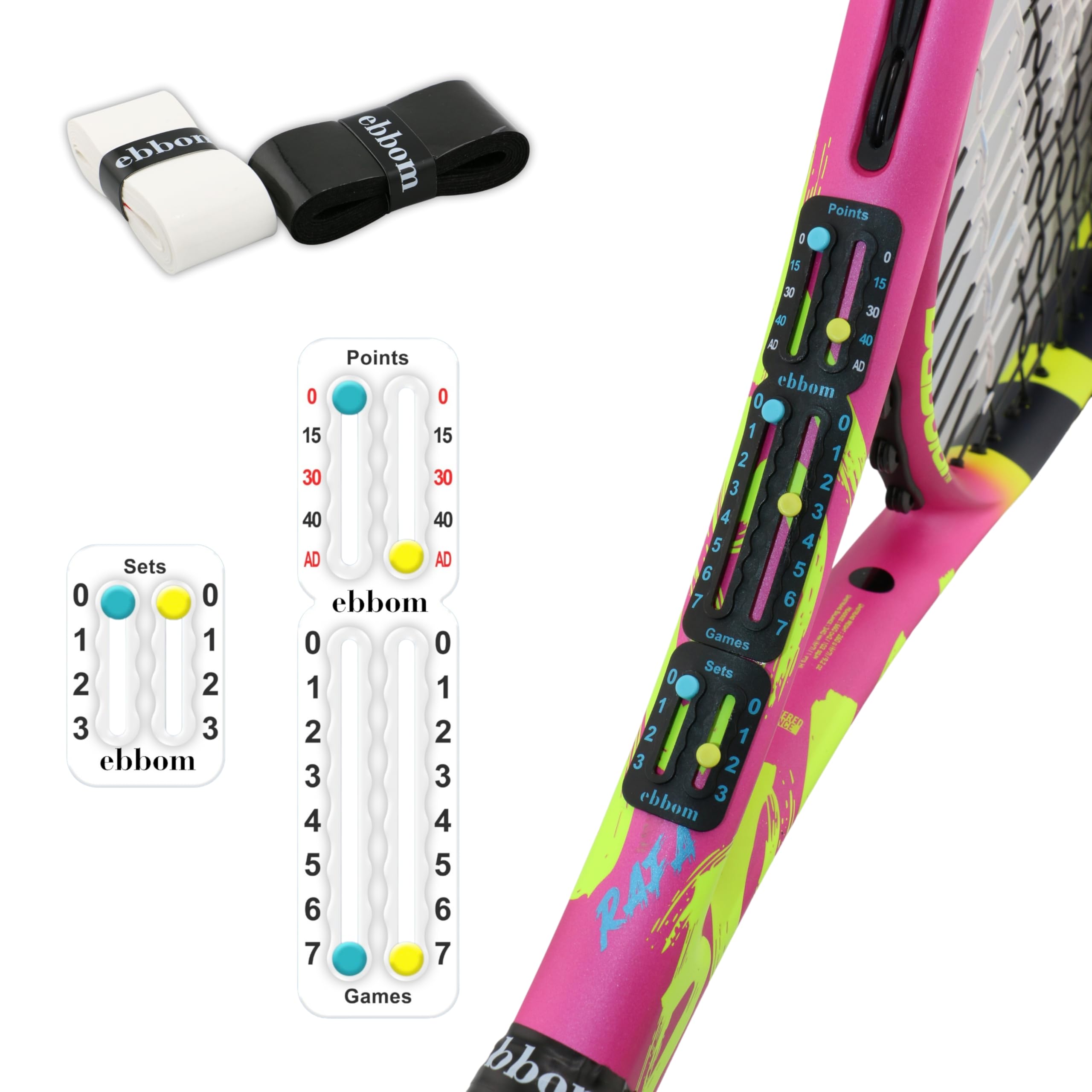 Segnapunti Padel e Tennis Ultralight con Adesivo 3M - Include 2 Overgrip B/N e 1 Pulitore – Adattabile a Tutte Le Racchette e Padel – Accessori Padel - Contatore Punti Padel
