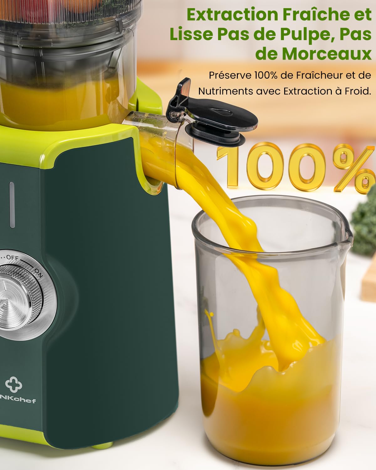LINKChef Extracteur de Jus Vertical | Slow Juicer 200W | Goulot Large 115 mm pour Fruits & légume Entiers | Avec Livre de Recettes, Nettoyage Facile, Sans BPA, Vert