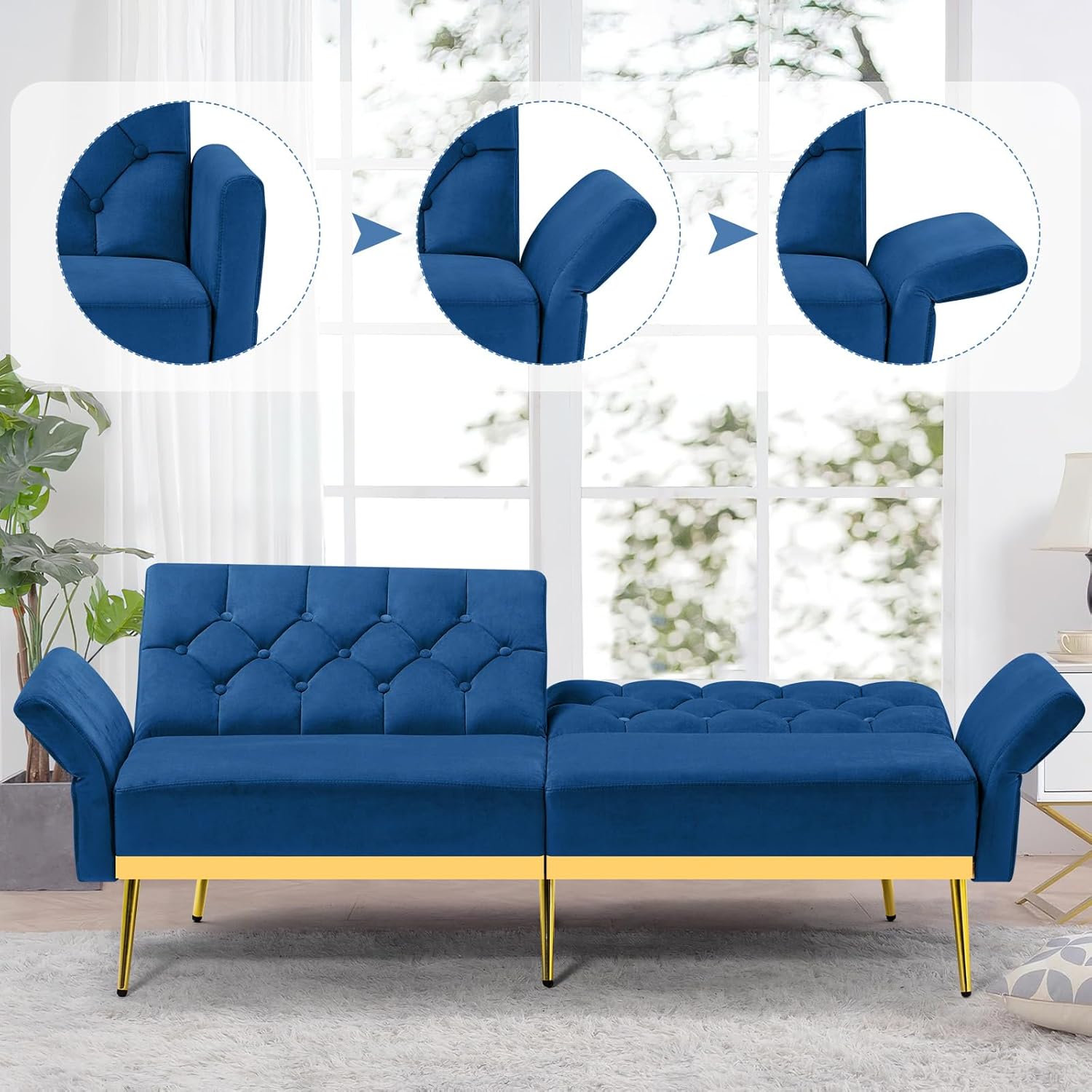 Velvet Futon Sofa Bed w/Adjustable Armrests & Backrests, Button Tufted Sleeper Couch, Modern Convertible Loveseat Sofa for Bedroom, Living Room, Apartment, Blue