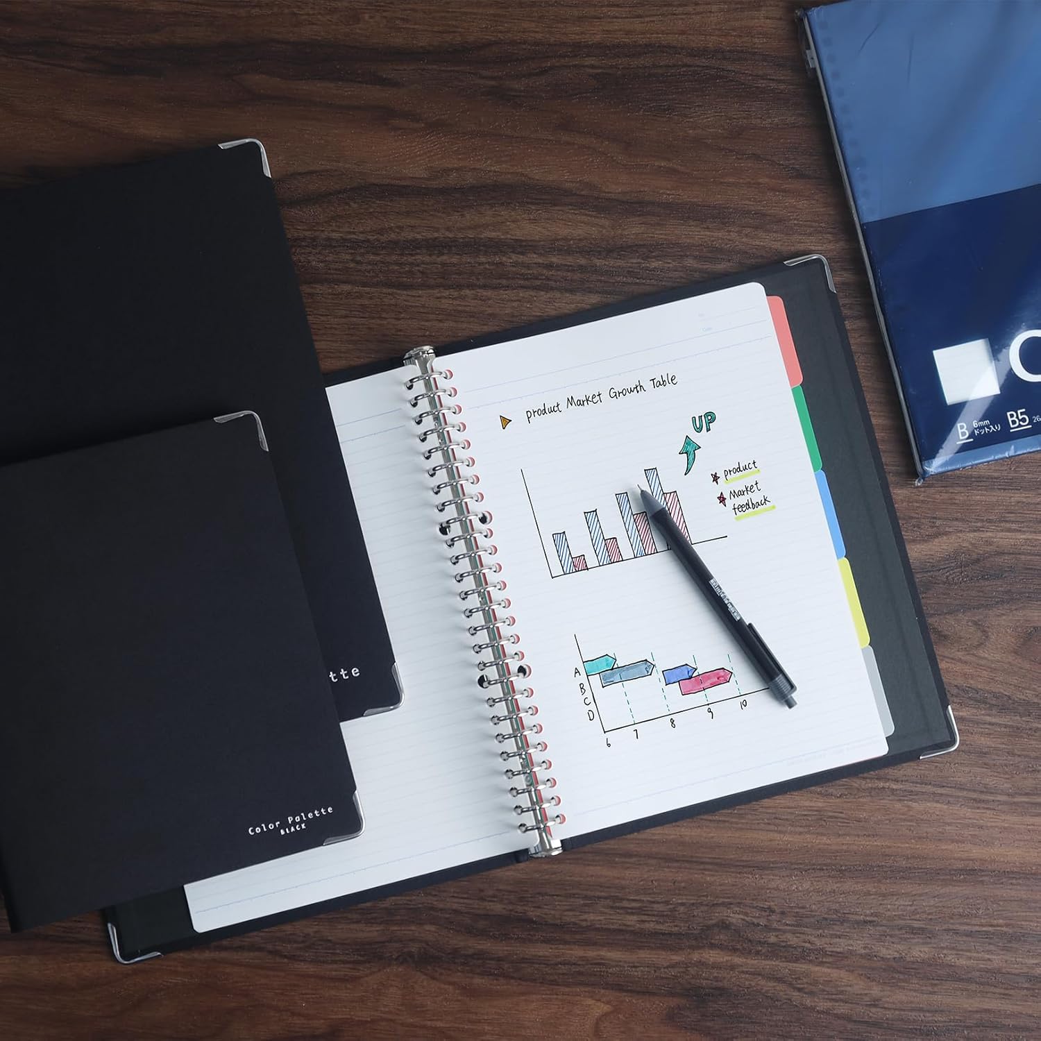 KOKUYO 5 Subject Spiral Notebook, Color Palette A4 Refillable Journal with 5 Tab Dividers, 100 Sheets in 6mm Ruled Loose Leaf Paper, Business Black, Japan Import