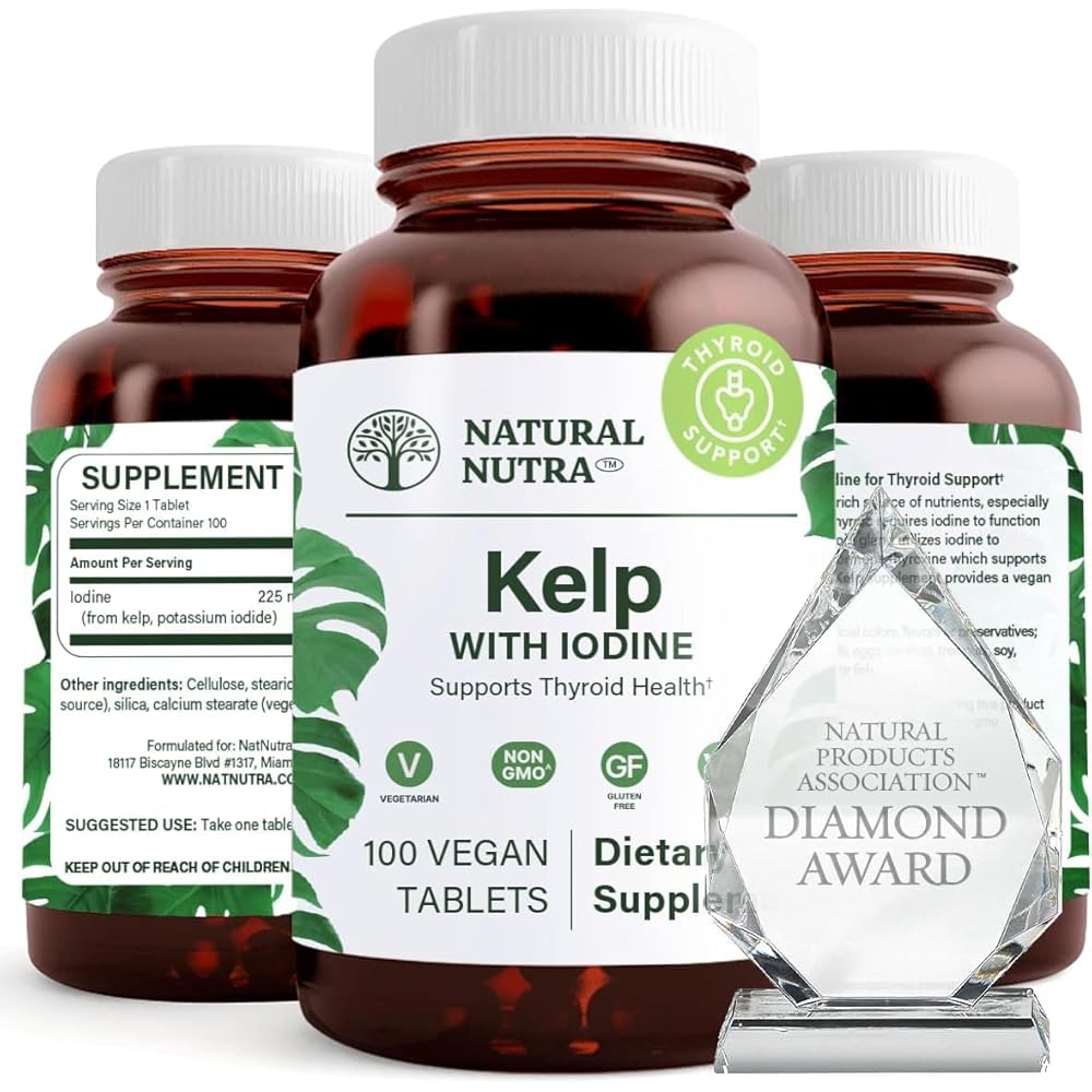 Natural Nutra Kelp Iodine with Potassium Iodide - Thyroid Support Supplement - Immune Strength & Metabolism Balance - Vegan Sea Kelp for Wellness - 225 mcg Iodine - 100 Tablets