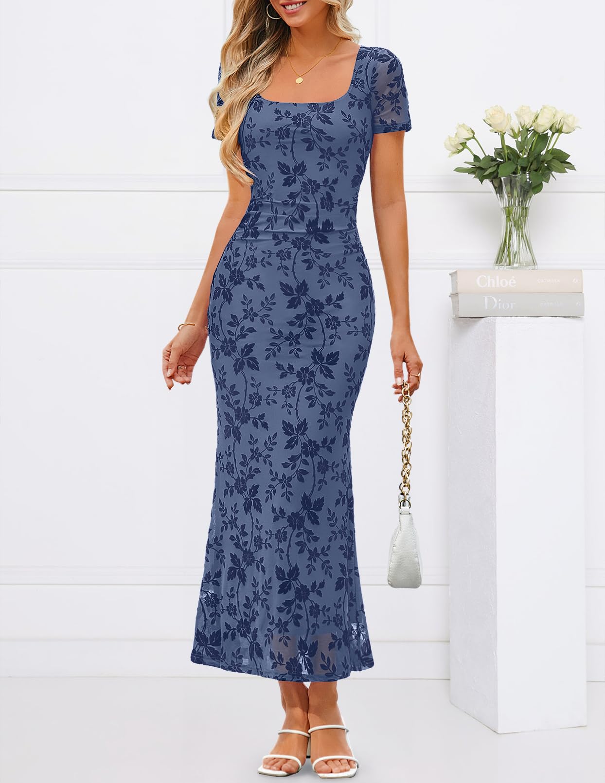 MEROKEETY Women Summer Floral Bodycon Maxi Dress 2026 Spring Wedding Guest Square Neck Short Sleeve Mesh Cocktail Party Dress - 3