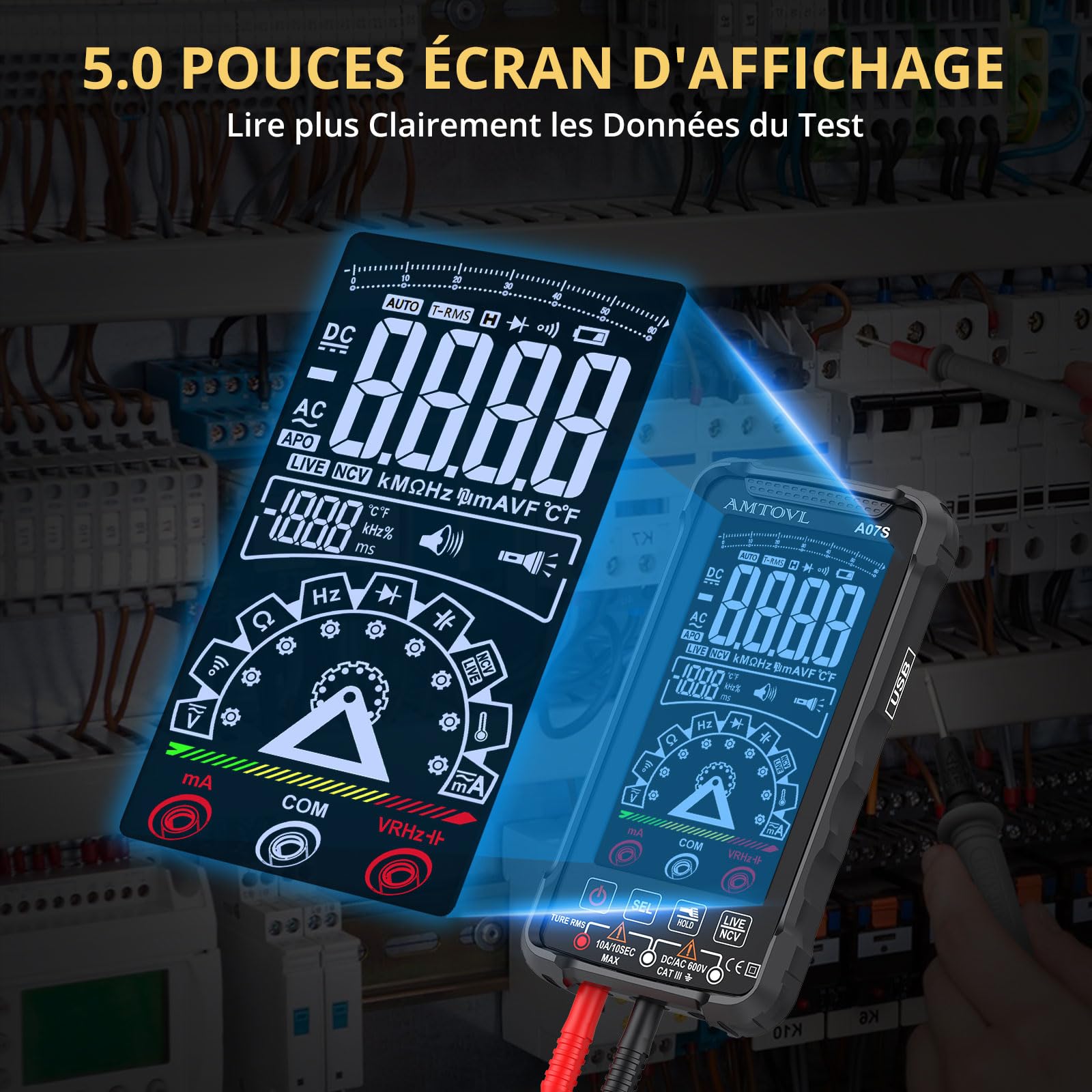AMTOVL Multimètre Numérique 6000 Comptes Écran Couleur Multimetre Mode Manuel Auto Testeur Electrique Rechargeable TRMS pour Mesurer la Tension Courant Capacité Testeur NCV Température