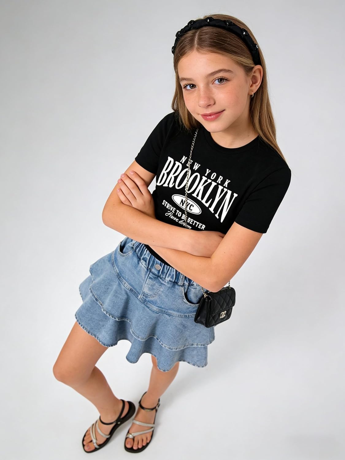 Tween Girls Skirt Set Short Sleeve T-Shirt and Ruffle Tiered Denim Skirt Summer Casual 2 Piece Outfit Size 7-14 - Image 3